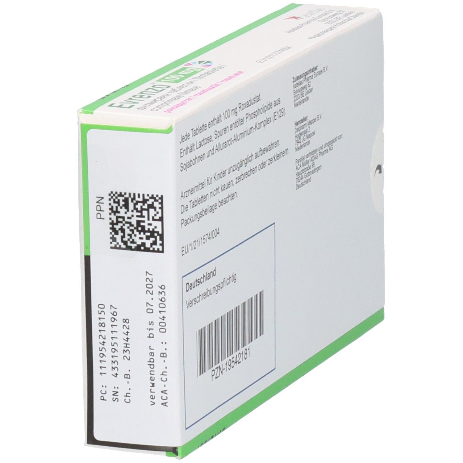 Seitenansicht der EVRENZO 100 mg Schachtel. Barcode, Chargennummer und Verfallsdatum sind sichtbar.