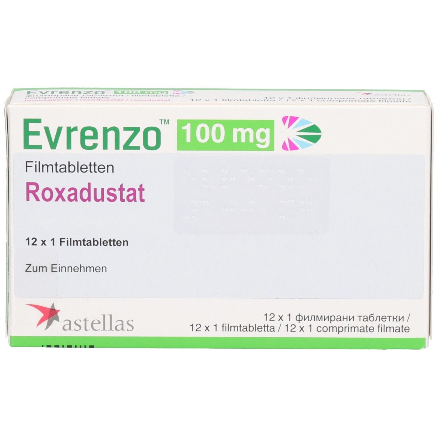 Schachtel mit EVRENZO 100 mg Filmtabletten. Aufschrift: Roxadustat, 12 x 1 Filmtabletten. Astellas-Logo.