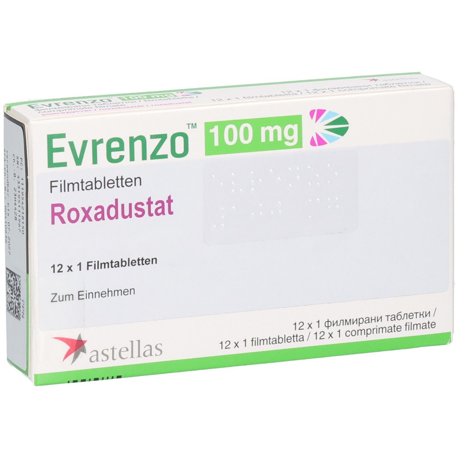 Schachtel mit EVRENZO 100 mg Filmtabletten. Aufschrift: Roxadustat, 12 x 1 Filmtabletten. Astellas-Logo.