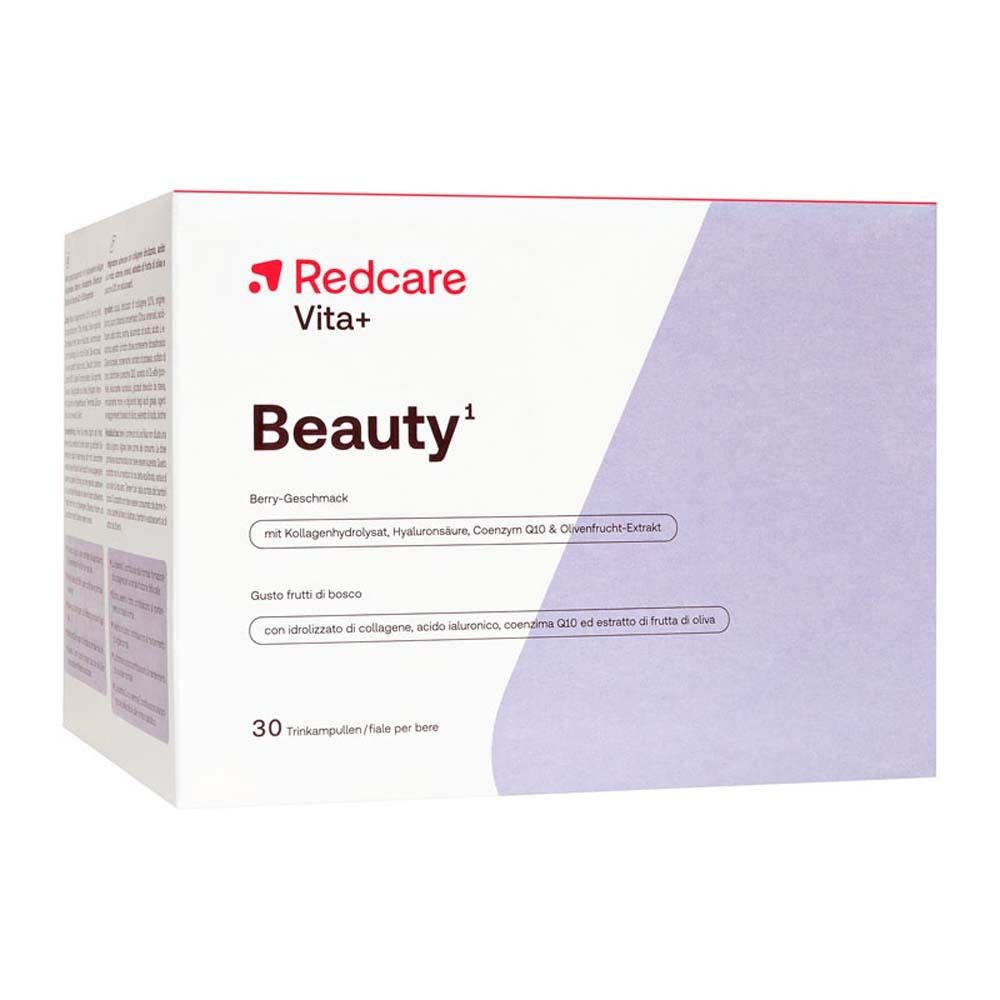 Packung Redcare Vita+ Beauty. Enthält 30 Trinkampullen. Aufschrift Beauty.
