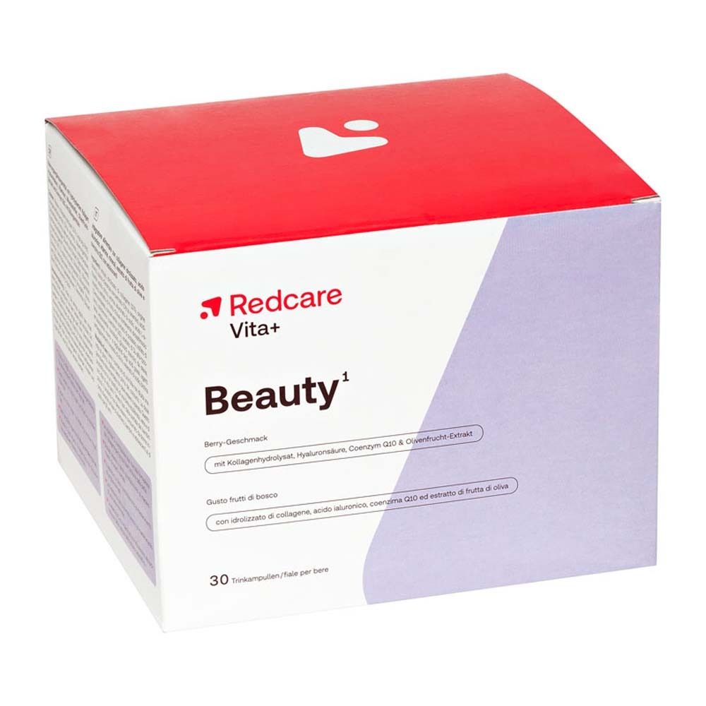 Packung Redcare Vita+ Beauty. Rote Oberseite. Enthält 30 Trinkampullen. Aufschrift Beauty.