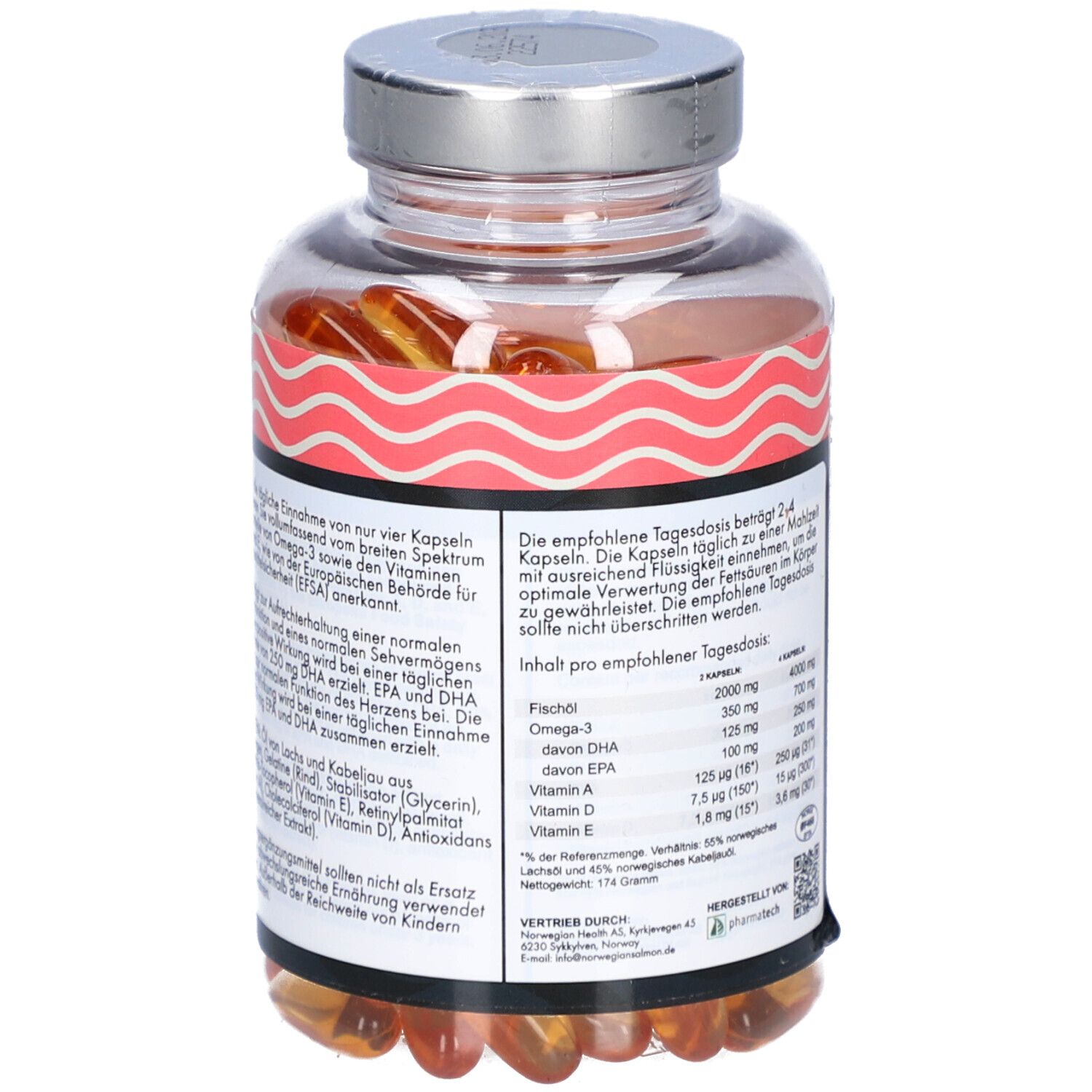 Rückansicht der Flasche. Etikett mit Informationen zu Inhaltsstoffen, empfohlener Tagesdosis und Herstellerangaben.