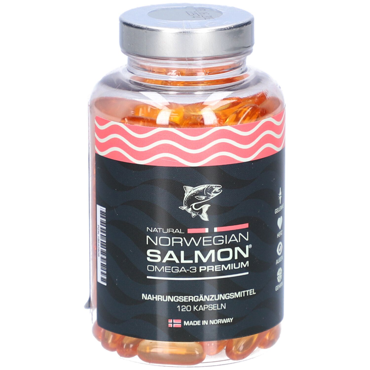 Klare Plastikflasche mit Kapseln. Schwarzes Etikett mit "NATURAL NORWEGIAN SALMON OMEGA-3 PREMIUM". 120 Kapseln. Made in Norway.