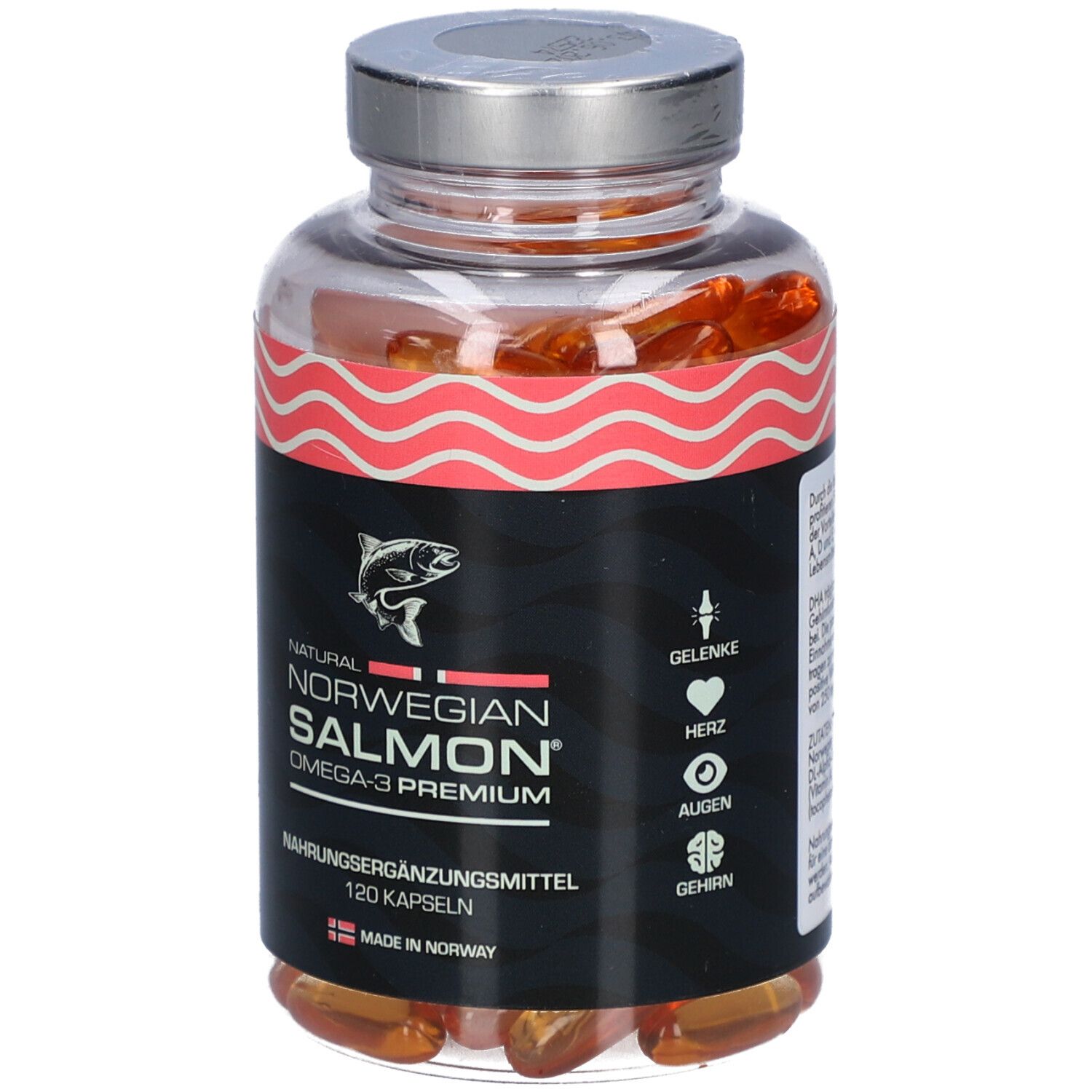 Klare Plastikflasche mit Kapseln. Schwarzes Etikett mit "NATURAL NORWEGIAN SALMON OMEGA-3 PREMIUM". 120 Kapseln. Made in Norway. Symbole.
