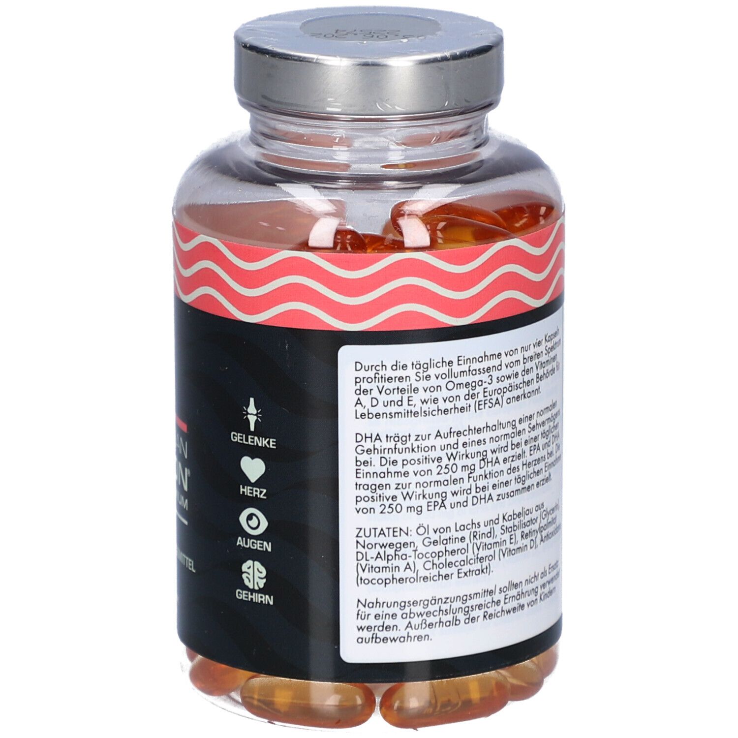 Rückansicht der Flasche. Etikett mit Informationen zu Inhaltsstoffen, empfohlener Tagesdosis und Herstellerangaben. Symbole.