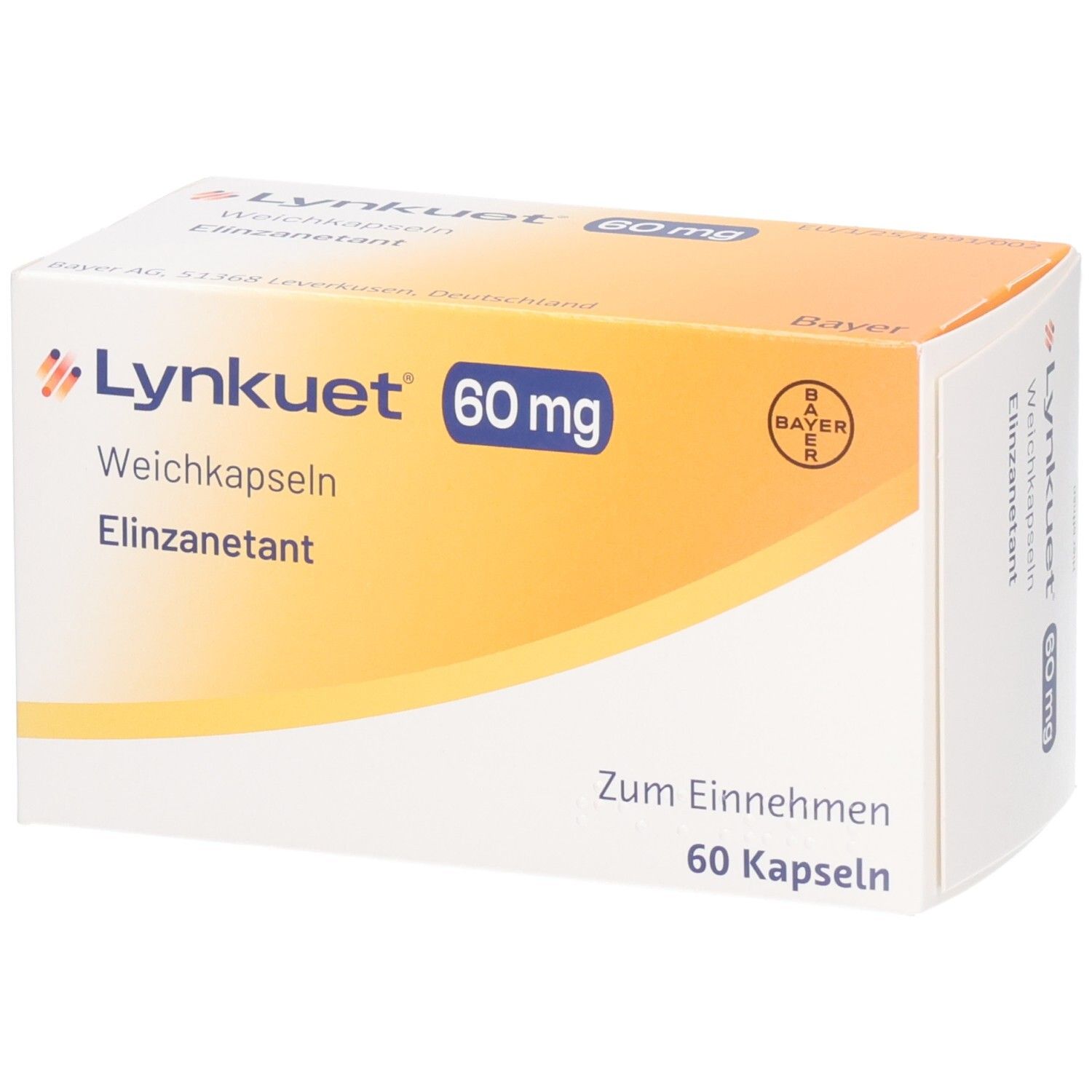 Schachtel mit LYNKUET 60 mg Weichkapseln. Orange-weißes Design. Bayer-Logo. Aufschrift: Zum Einnehmen, 60 Kapseln.