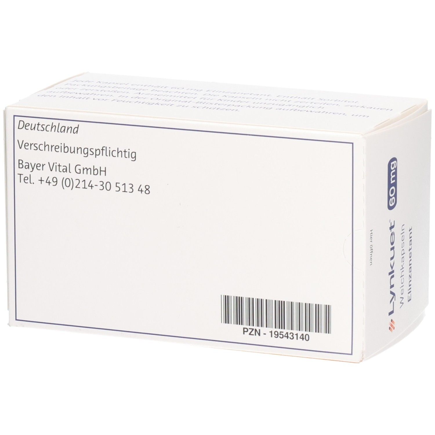 Rückseite der LYNKUET 60 mg Schachtel. Informationen: Deutschland, verschreibungspflichtig, Bayer Vital GmbH, Telefonnummer, Barcode.