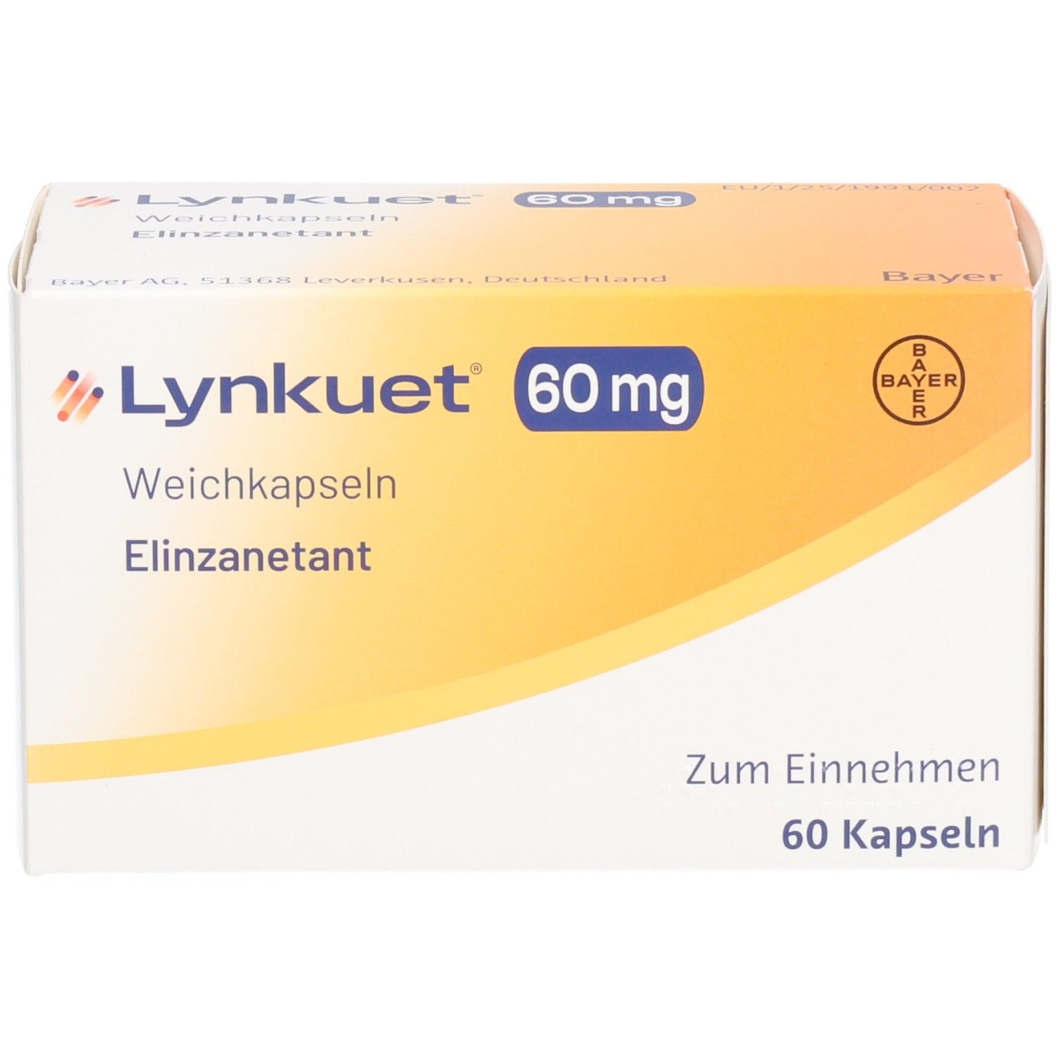 LYNKUET 60 mg Schachtel. Orange-weißes Design. Bayer-Logo. Aufschrift: Zum Einnehmen, 60 Kapseln.