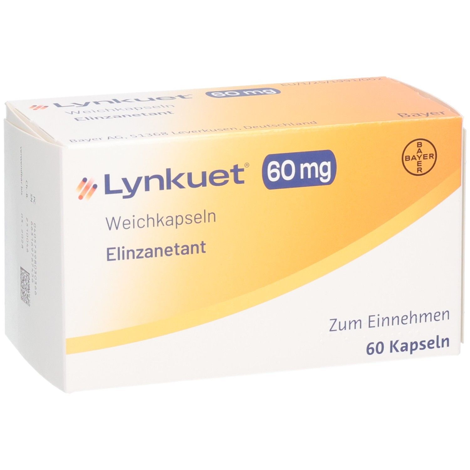 LYNKUET 60 mg Schachtel, leicht schräg. Orange-weißes Design. Bayer-Logo. Aufschrift: Zum Einnehmen, 60 Kapseln.