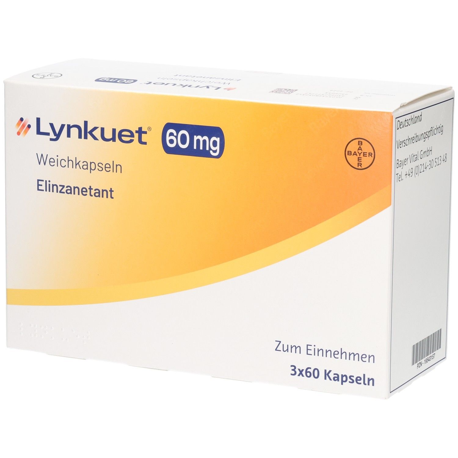 Weißer Karton mit gelbem Farbverlauf. Aufschrift: Lynkuet 60 mg Weichkapseln, Elinzanetant. Bayer-Logo. 3x60 Kapseln.