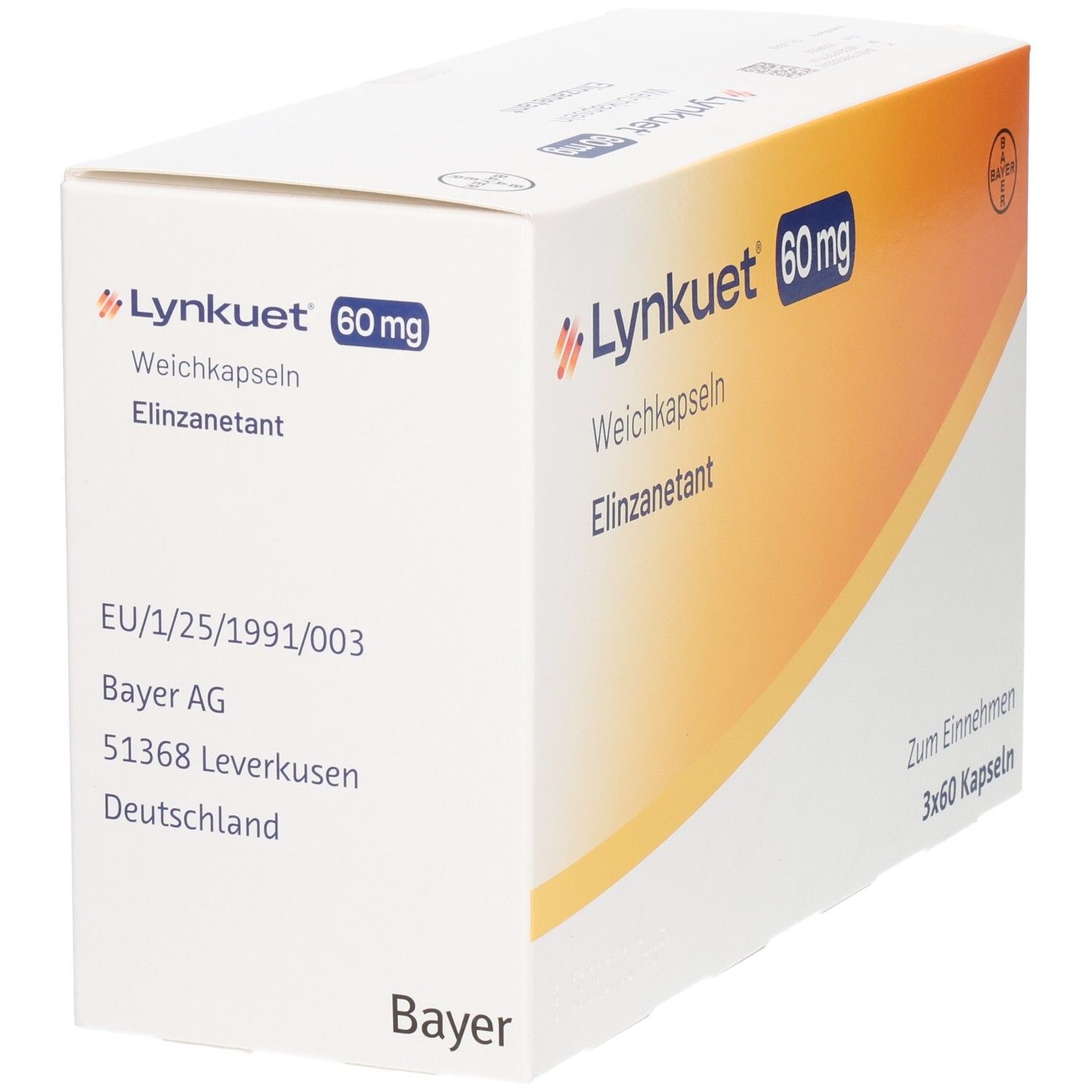 Weißer Karton mit gelbem Farbverlauf. Aufschrift: Lynkuet 60 mg Weichkapseln, Elinzanetant. Bayer-Logo. EU-Adresse.