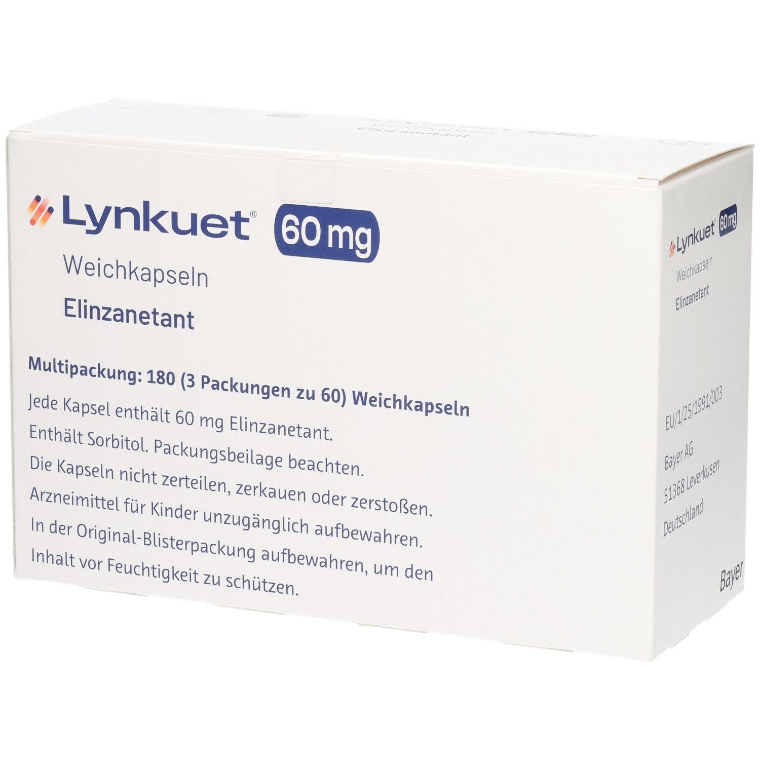 Weißer Karton mit gelbem Farbverlauf. Aufschrift: Lynkuet 60 mg Weichkapseln, Elinzanetant. Multipackung: 180 Weichkapseln.