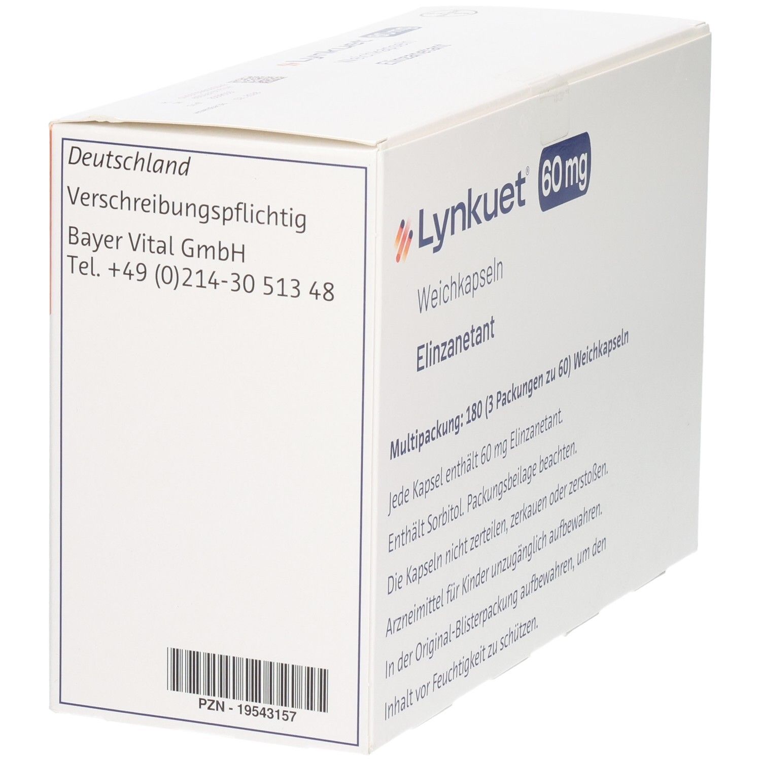 Rückseite eines weißen Kartons. Aufschrift: Lynkuet 60 mg Weichkapseln, Elinzanetant. Bayer-Logo. Adresse und PZN-Code.