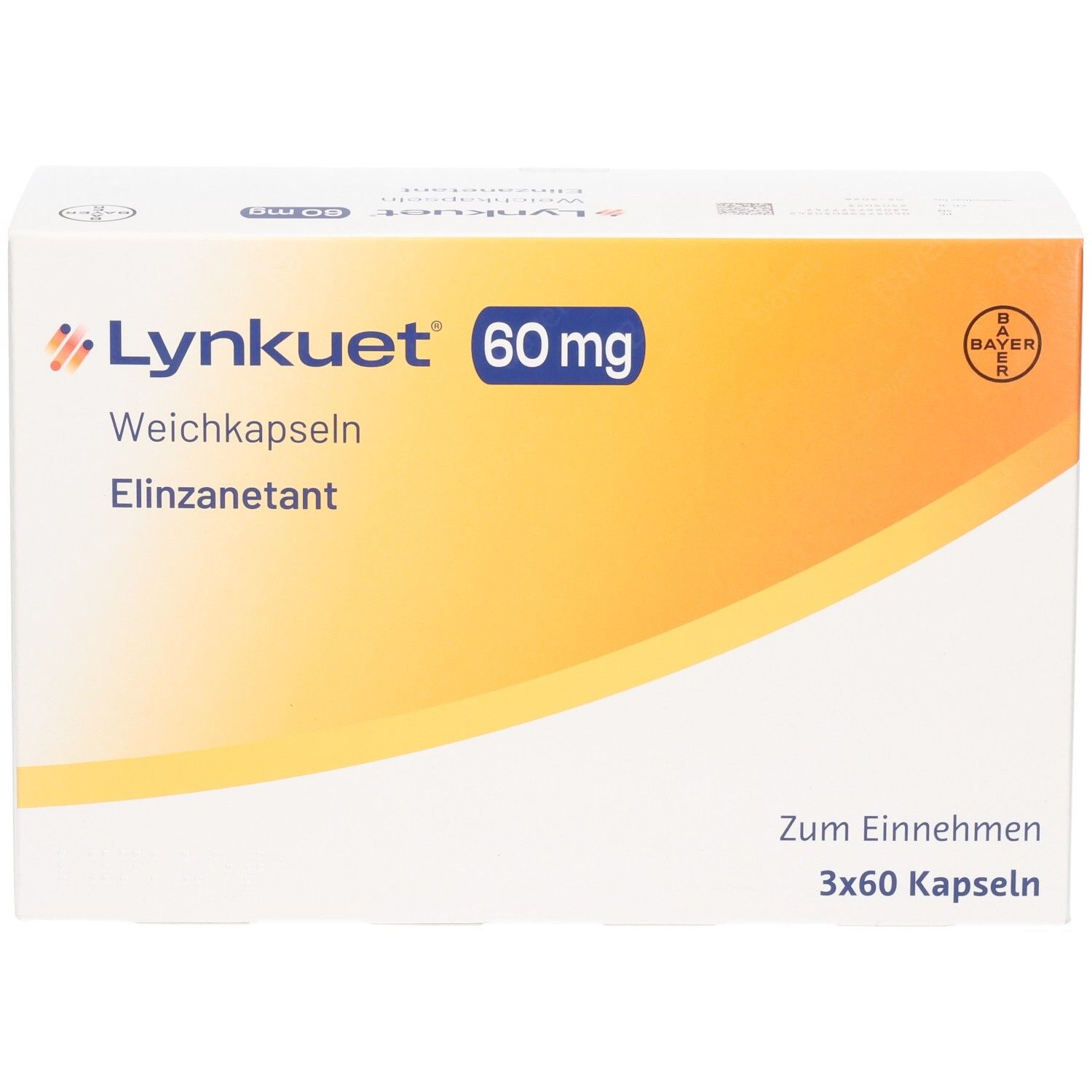 Weißer Karton mit gelbem Farbverlauf. Aufschrift: Lynkuet 60 mg Weichkapseln, Elinzanetant. Bayer-Logo. 3x60 Kapseln.