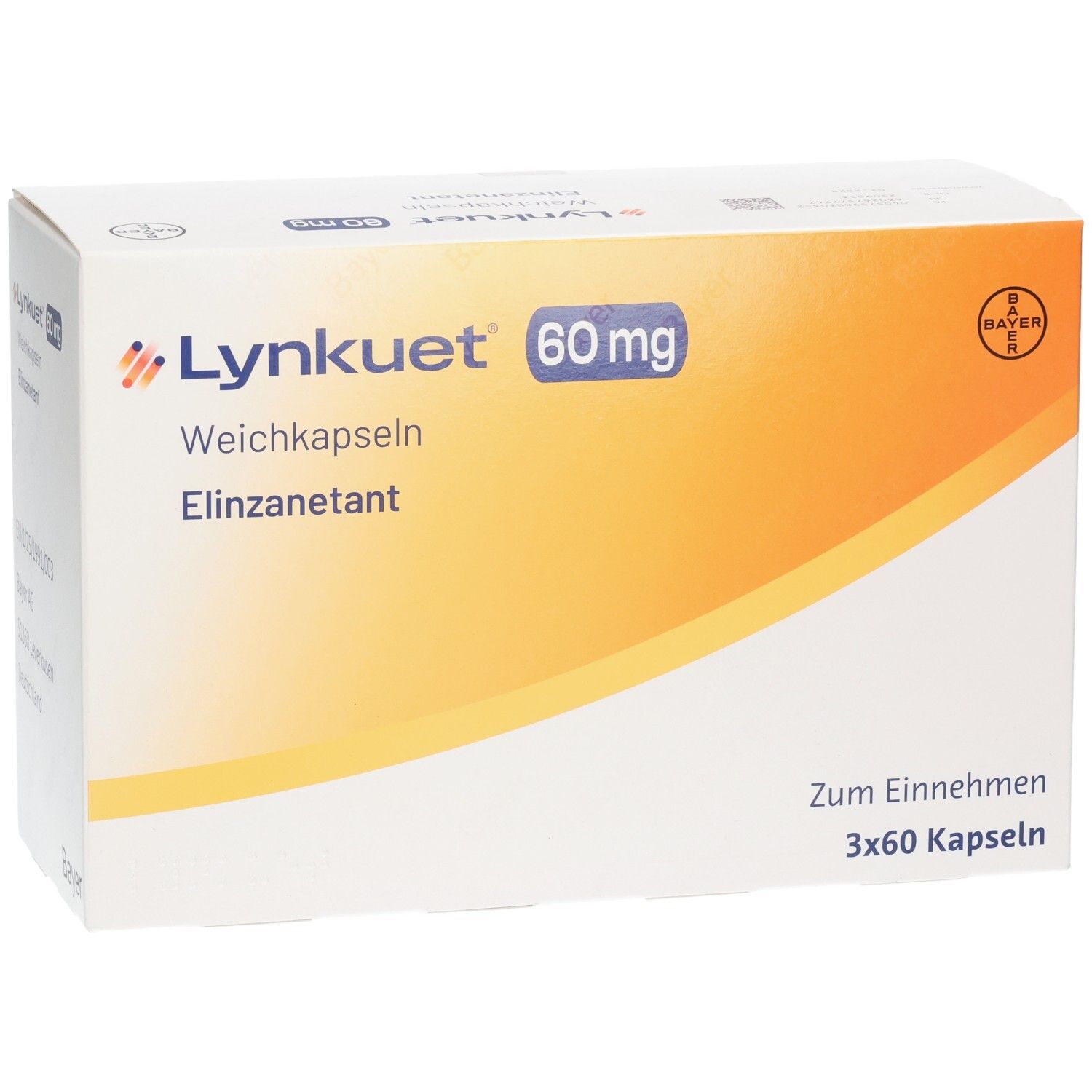Weißer Karton mit gelbem Farbverlauf. Aufschrift: Lynkuet 60 mg Weichkapseln, Elinzanetant. Bayer-Logo. 3x60 Kapseln.
