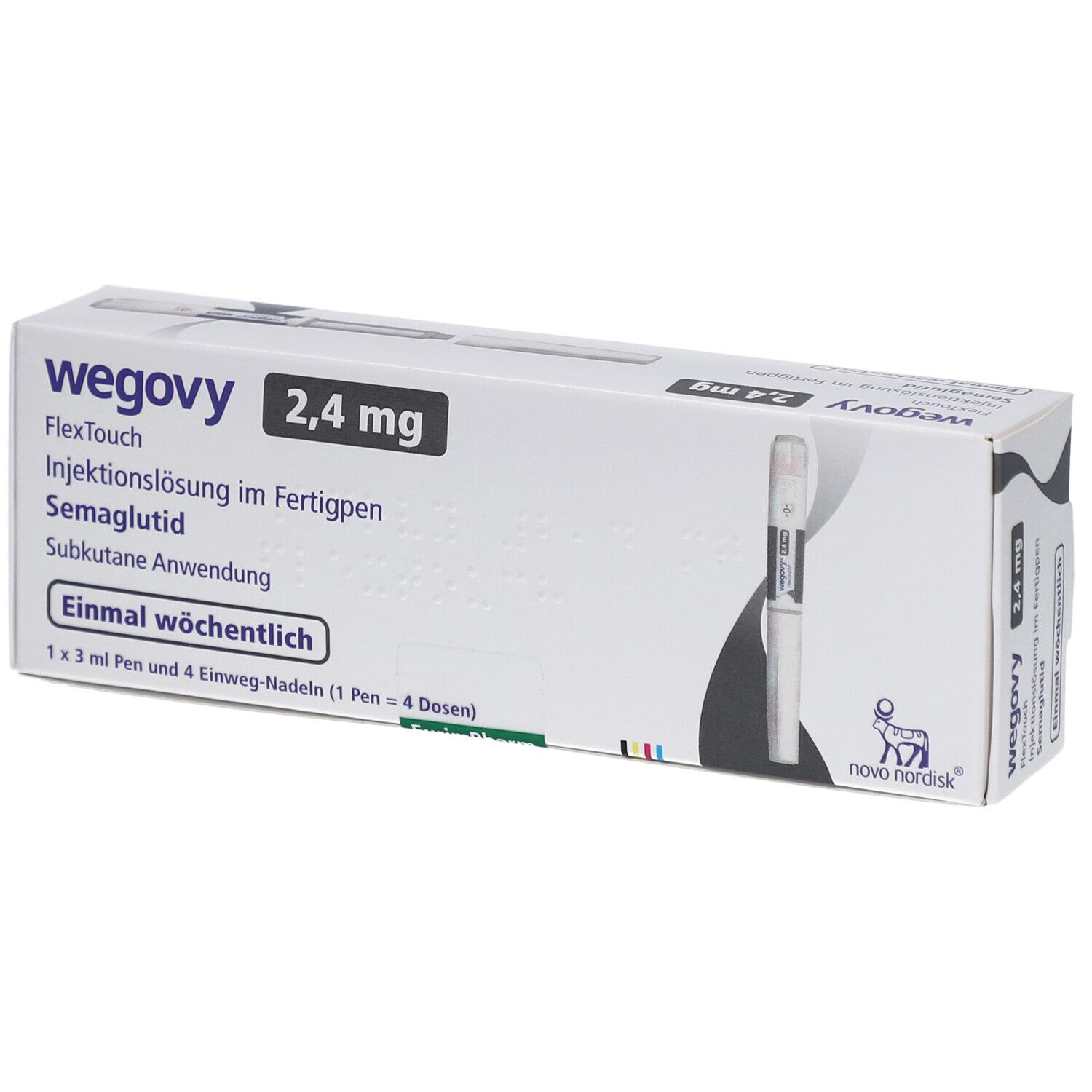 Weiße Verpackung mit Produktnamen und Dosierung. Enthält einen Injektionsstift und Nadeln. Text: Einmal wöchentlich.
