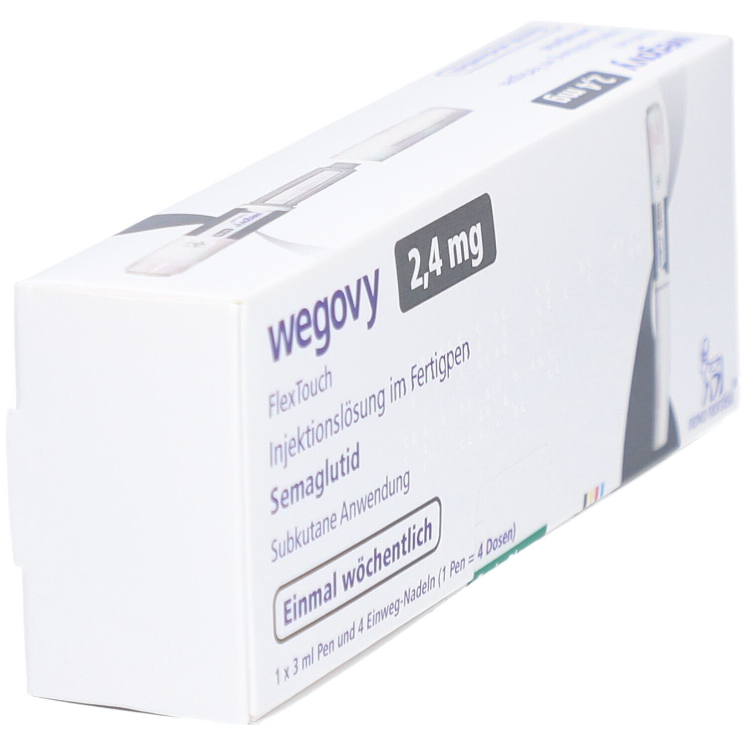 Weiße Verpackung mit Produktnamen und Dosierung. Enthält einen Injektionsstift. Text: Einmal wöchentlich.