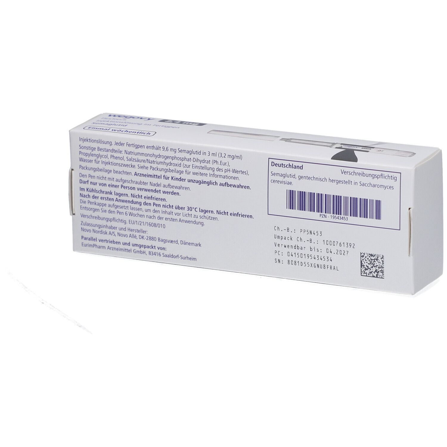 Rückseite der weißen Verpackung mit Produktinformationen und Barcode. Text: Deutschland, Chargennummer, Verfallsdatum.