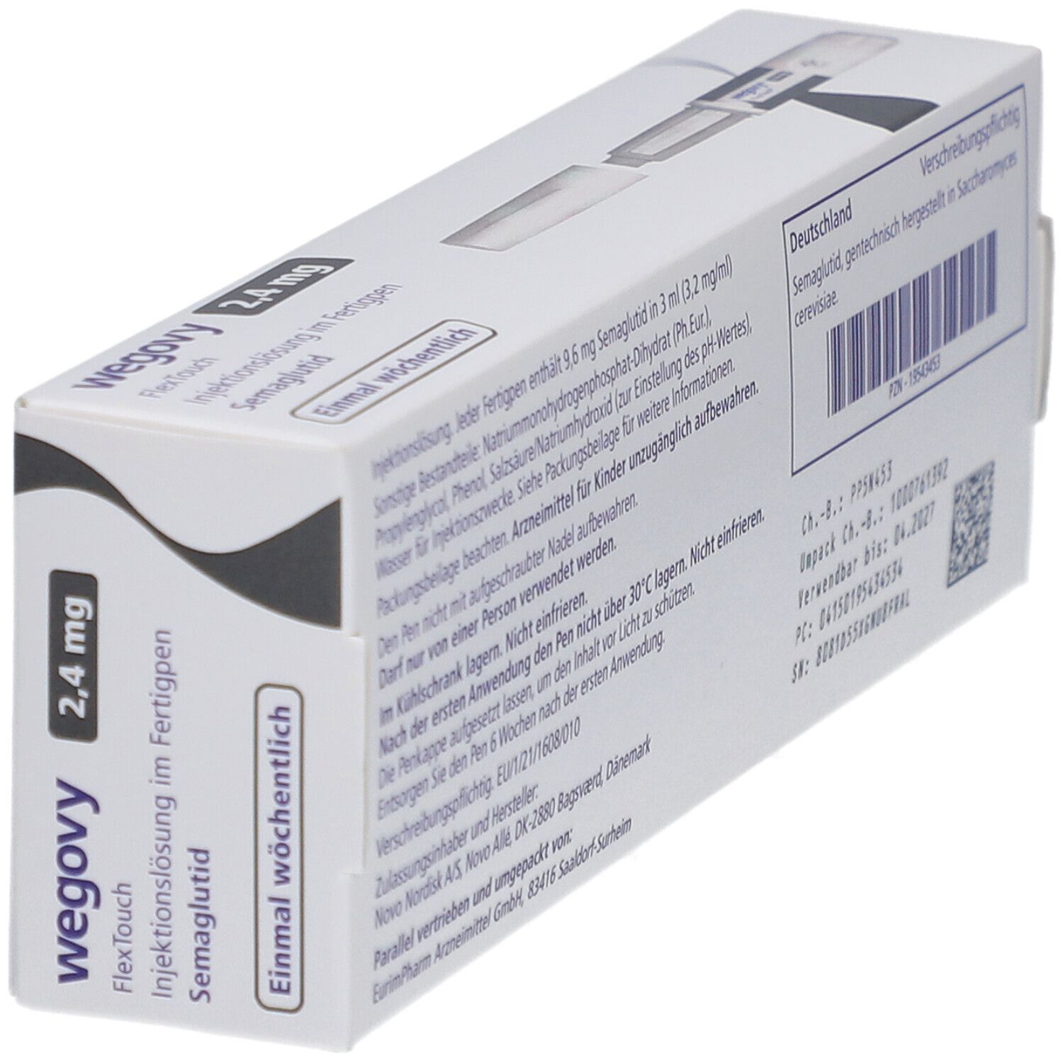 Weiße Verpackung mit Produktinformationen und Barcode. Text: Deutschland, Chargennummer, Verfallsdatum.