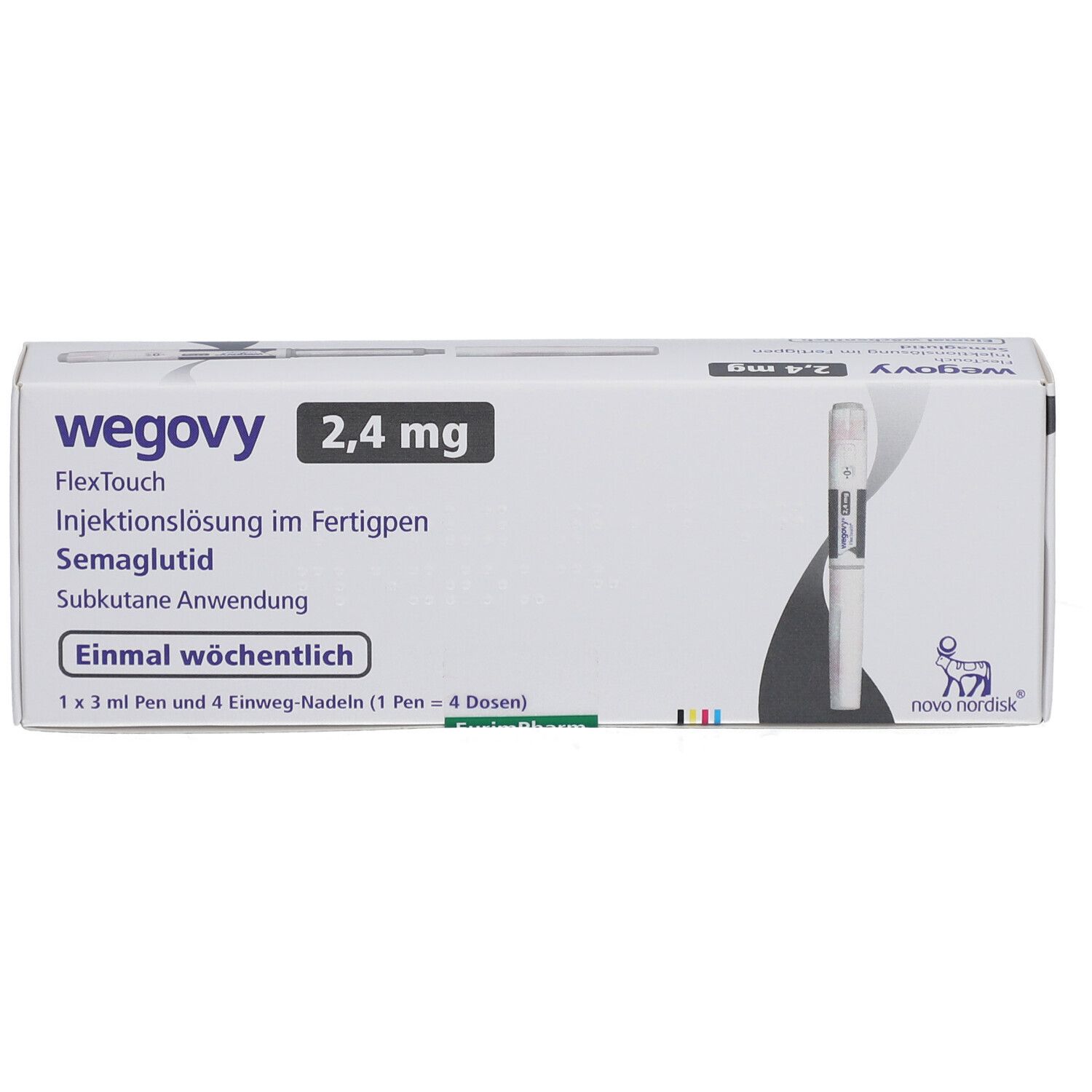 Weiße Verpackung mit Produktnamen und Dosierung. Enthält einen Injektionsstift und Nadeln. Text: Einmal wöchentlich.