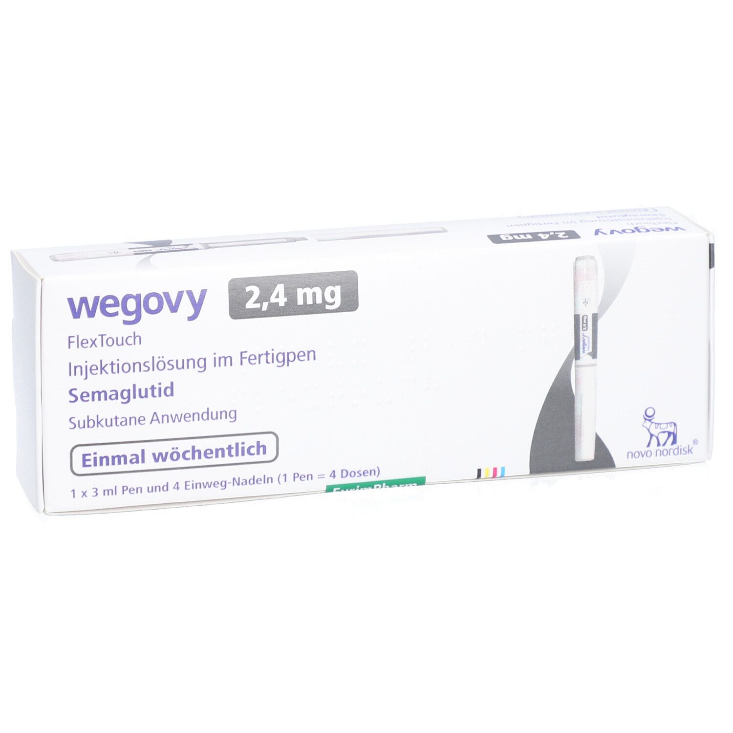 Weiße Verpackung mit Produktnamen und Dosierung. Enthält einen Injektionsstift. Text: Einmal wöchentlich.