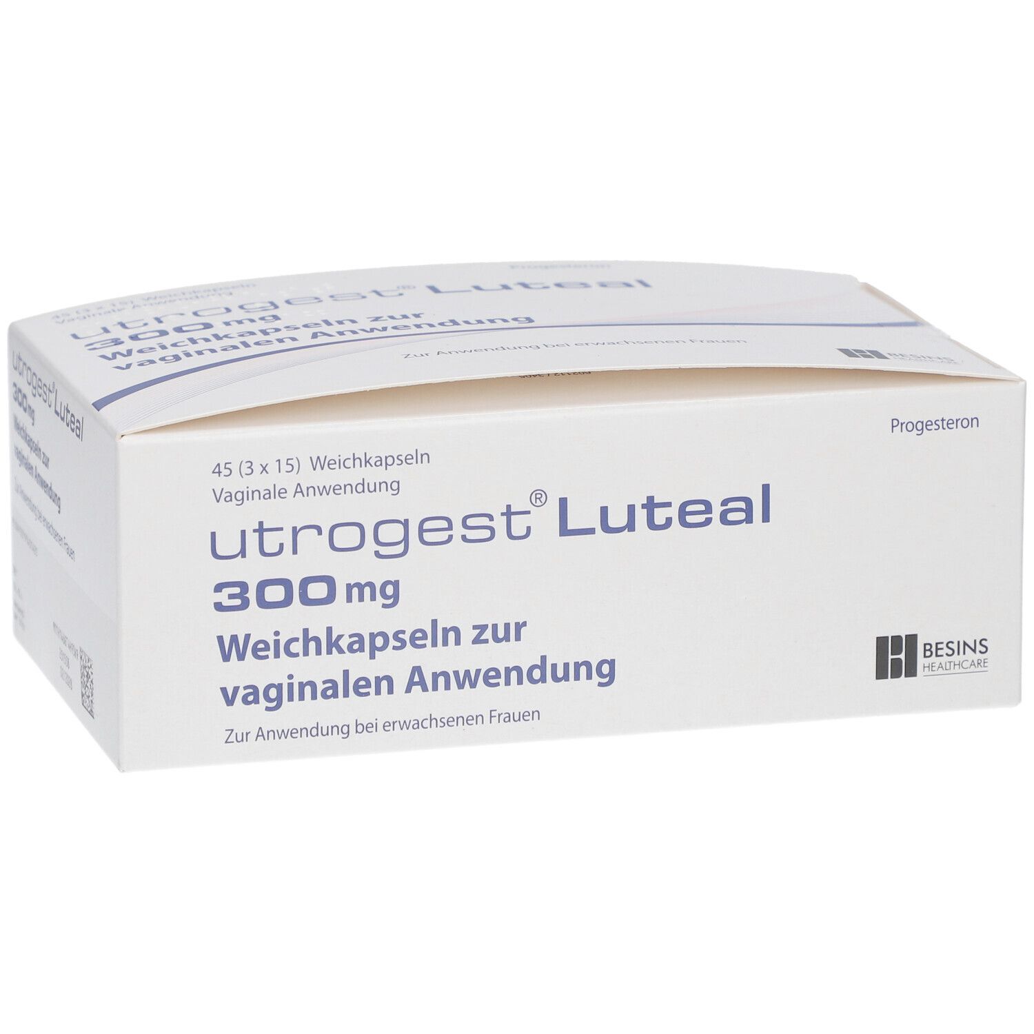 Weiße Faltschachtel mit Produktbezeichnung UTROGEST Luteal 300 mg. Aufdruck: Weichkapseln zur vaginalen Anwendung.