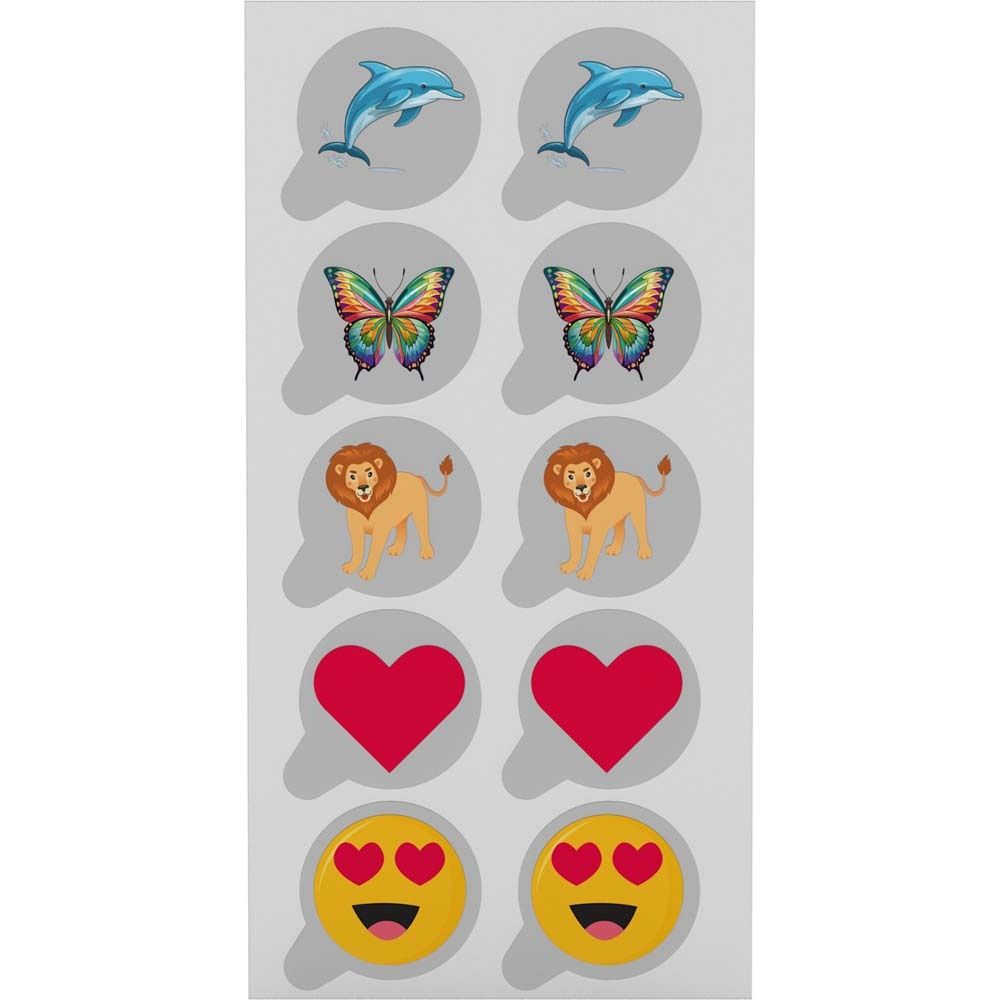 Aufkleber mit Delfinen, Schmetterlingen, Löwen, Herzen und Emoticons. Mehrere Aufkleber pro Bogen.