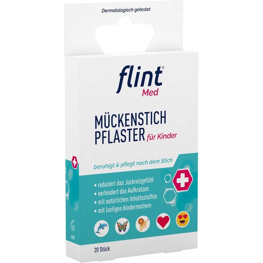 Verpackung von flint® Med Mückenstich Pflaster für Kinder. Weißer Karton mit Produktnamen und Illustrationen.