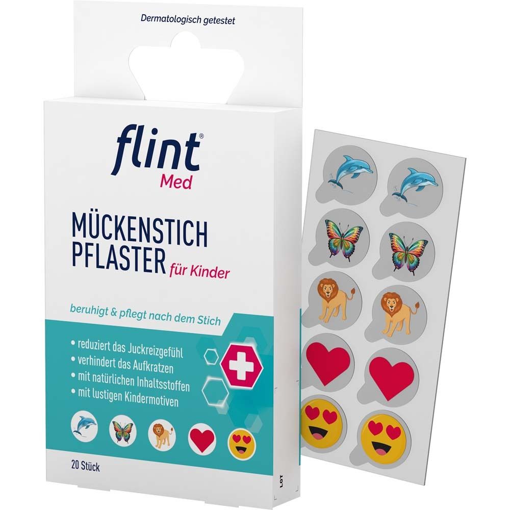Verpackung von flint® Med Mückenstich Pflaster für Kinder und Aufkleberbogen. Produktname und Illustrationen.