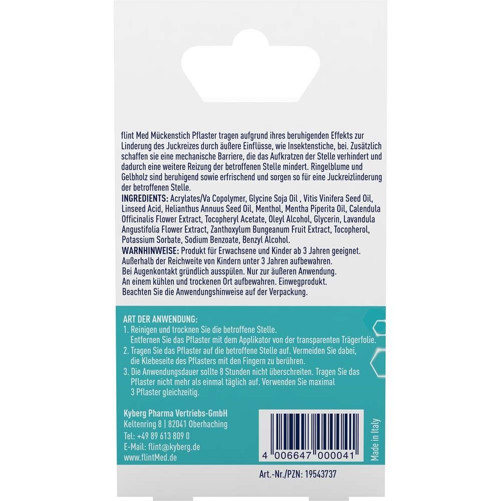 Rückseite der Verpackung von flint® Med Mückenstich Pflaster für Kinder. Text mit Inhaltsstoffen und Anwendung.