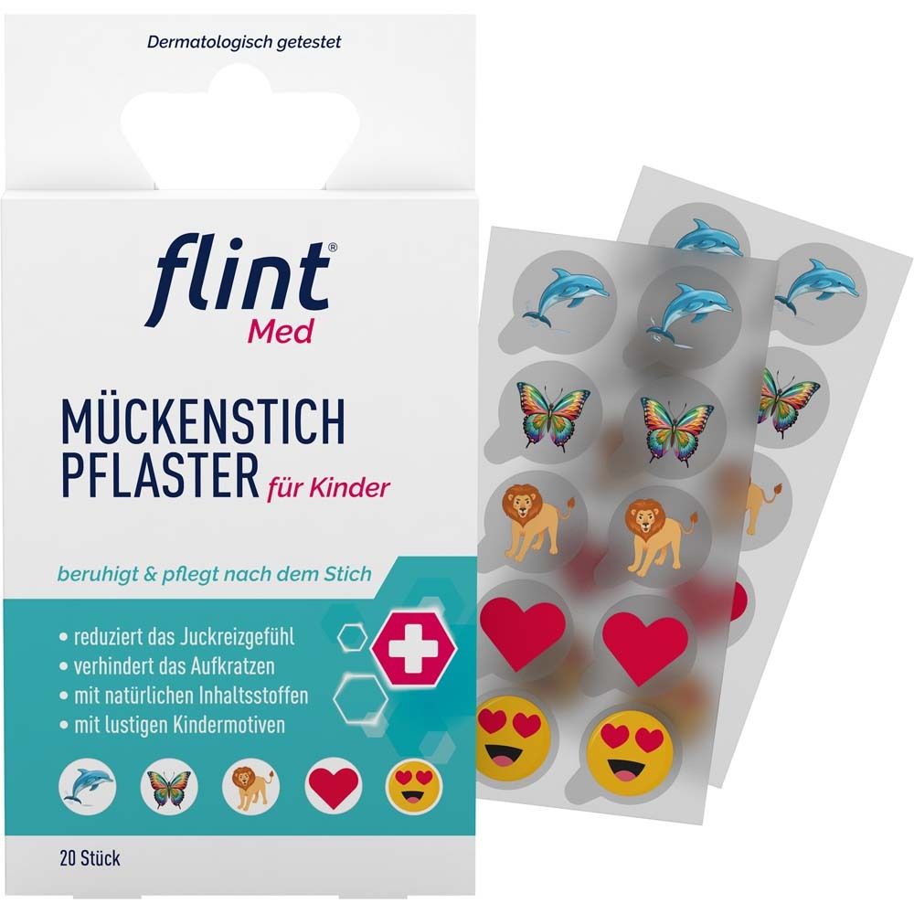 Verpackung von flint® Med Mückenstich Pflaster für Kinder und zwei Aufkleberbögen. Produktname und Illustrationen.