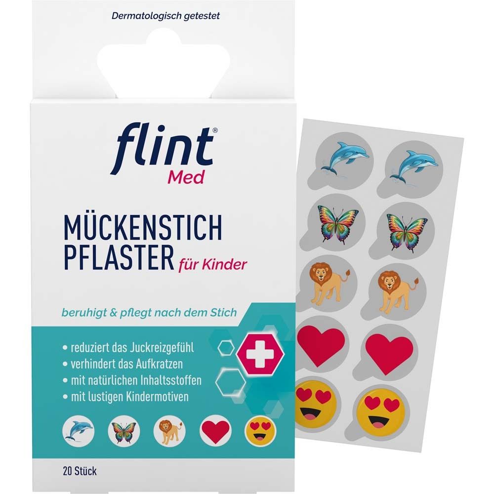 Verpackung von flint® Med Mückenstich Pflaster für Kinder und Aufkleberbogen. Produktname und Illustrationen.