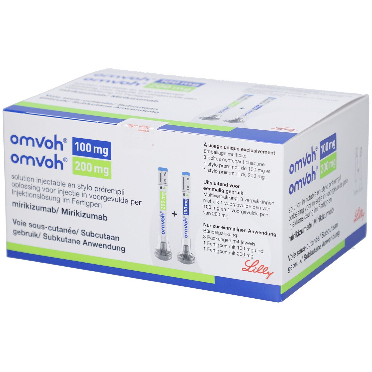 Verpackung mit Produktnamen und Dosierung. Enthält Fertigpens. Text in Deutsch, Französisch, Italienisch und Niederländisch. Lilly-Logo.