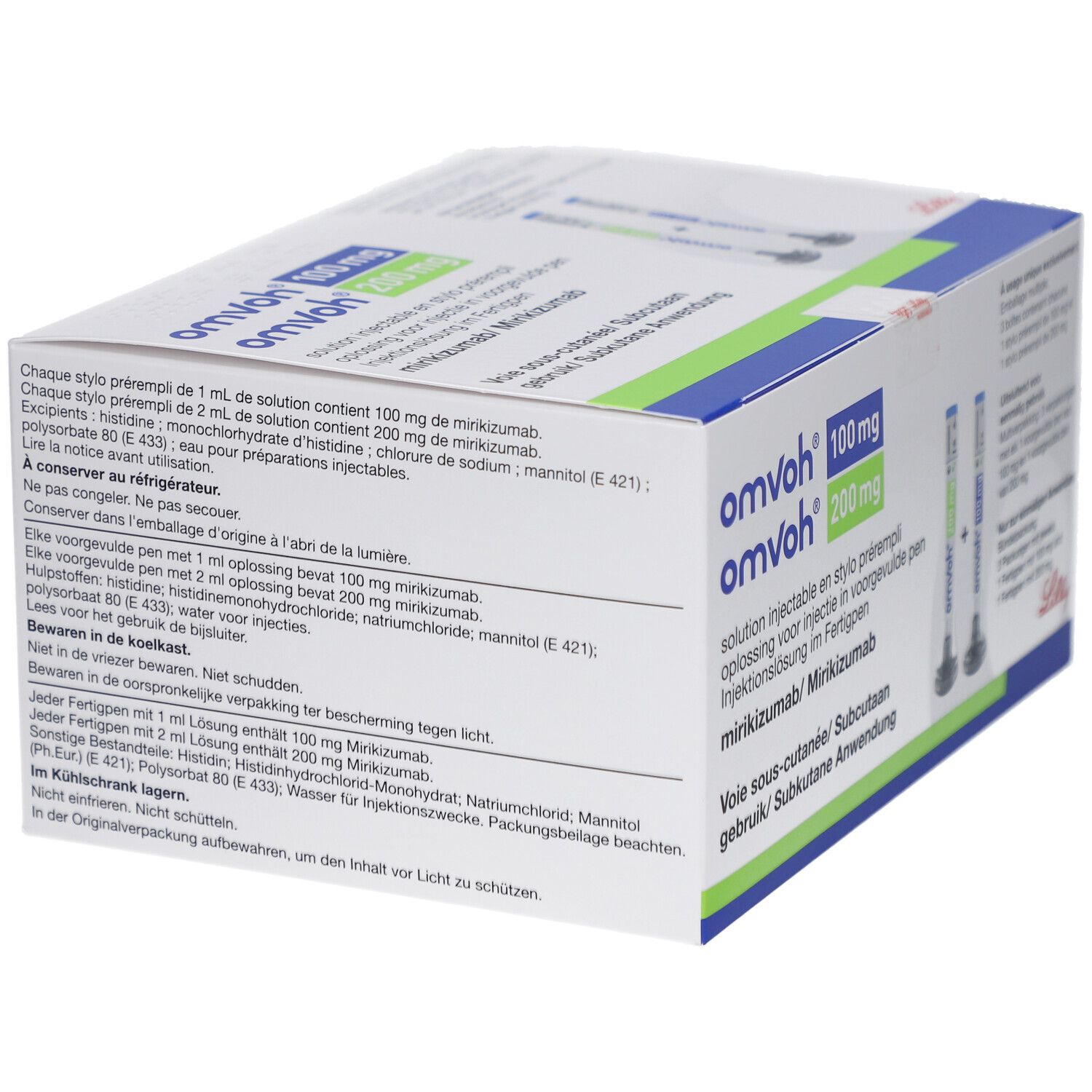 Produktverpackung mit Text. Enthält Informationen zu Inhaltsstoffen und Anwendung. Text in Deutsch, Französisch, Italienisch und Niederländisch.