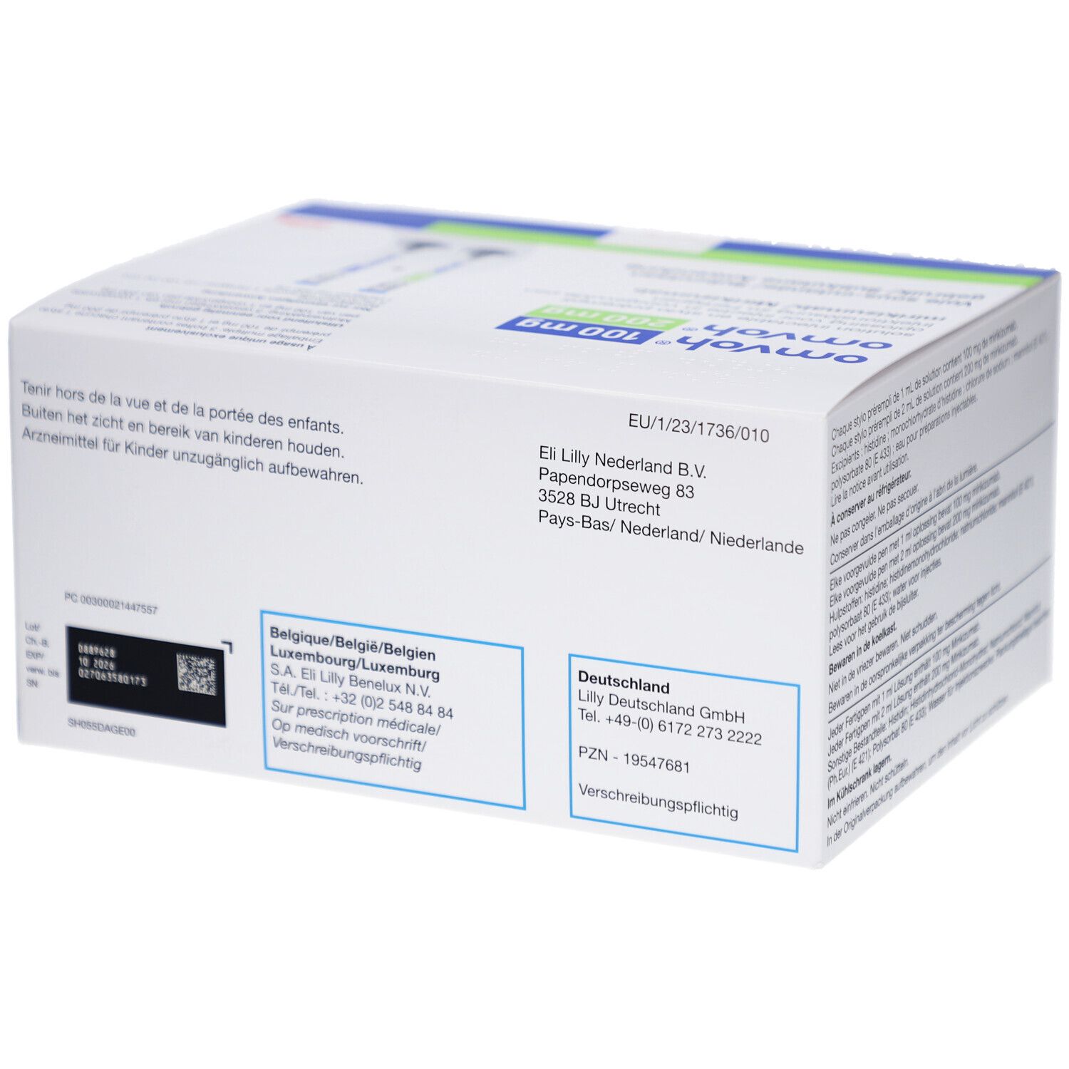 Rückseite der OMVOH-Verpackung. Enthält Adressinformationen und Chargennummer. Text in Deutsch, Französisch, Niederländisch.