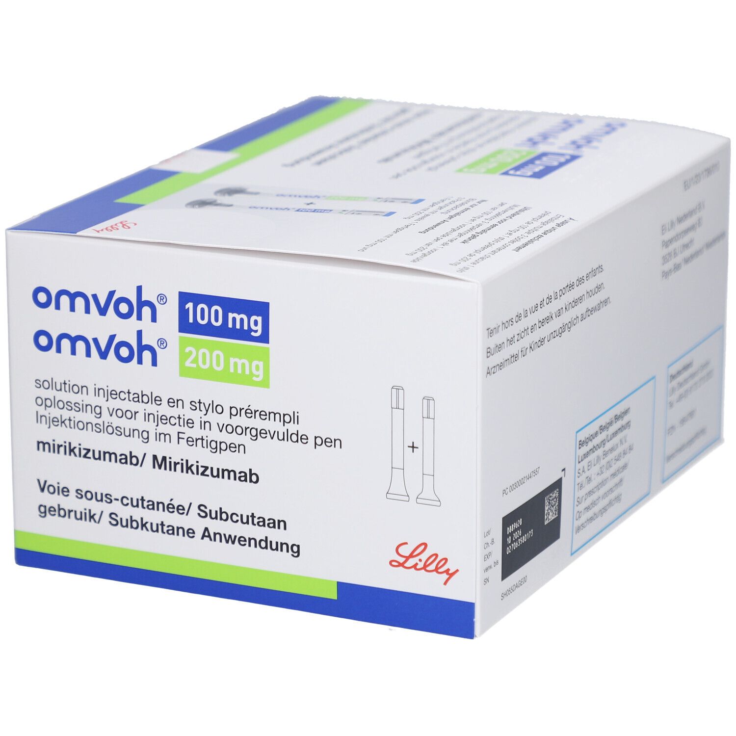 Produktverpackung mit Produktnamen und Dosierung. Enthält Fertigpens. Text in Deutsch, Französisch, Italienisch und Niederländisch. Lilly-Logo.