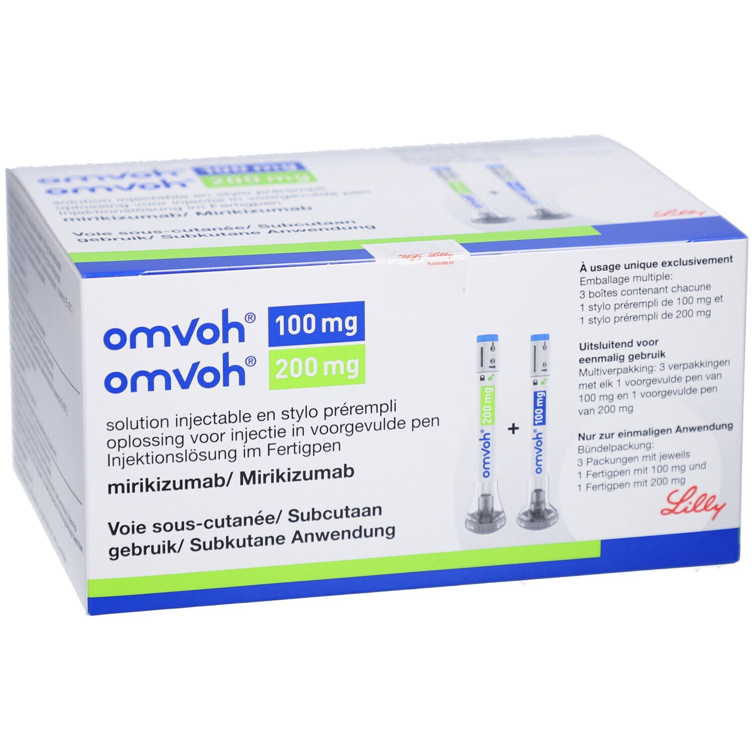 Verpackung mit Produktnamen und Dosierung. Enthält Fertigpens. Text in Deutsch, Französisch, Italienisch und Niederländisch. Lilly-Logo.