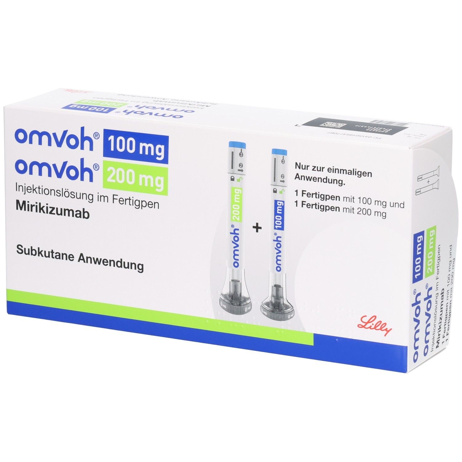 Weiße Verpackung mit blauer und grüner Schrift. Enthält zwei Fertigpens. Aufschrift: omvoh 100 mg + 200 mg Injektionslösung im Fertigpen.
