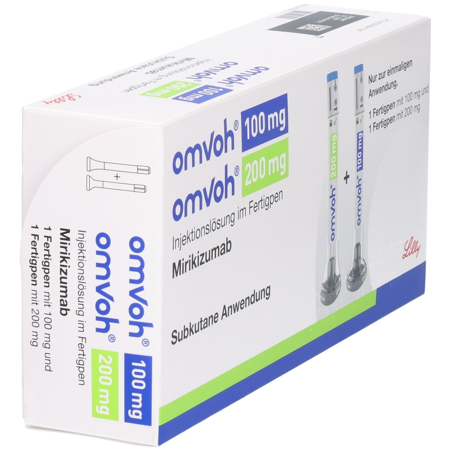 Weiße Verpackung mit blauer und grüner Schrift. Enthält zwei Fertigpens. Aufschrift: omvoh 100 mg + 200 mg Injektionslösung im Fertigpen.