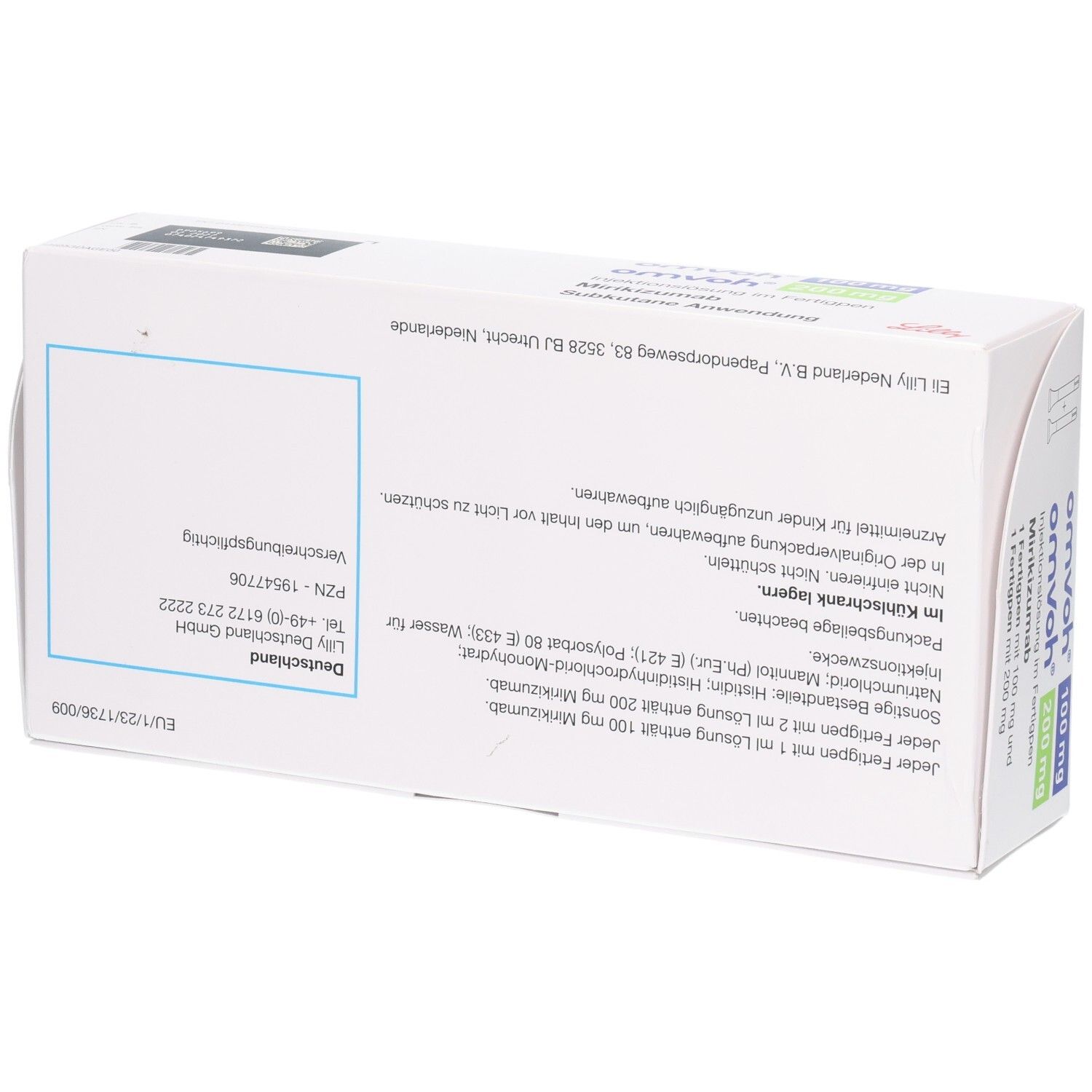 Weiße Verpackung mit Text. Enthält Informationen und Adressdaten. Aufschrift: omvoh, Injektionslösung im Fertigpen, Mirikizumab.