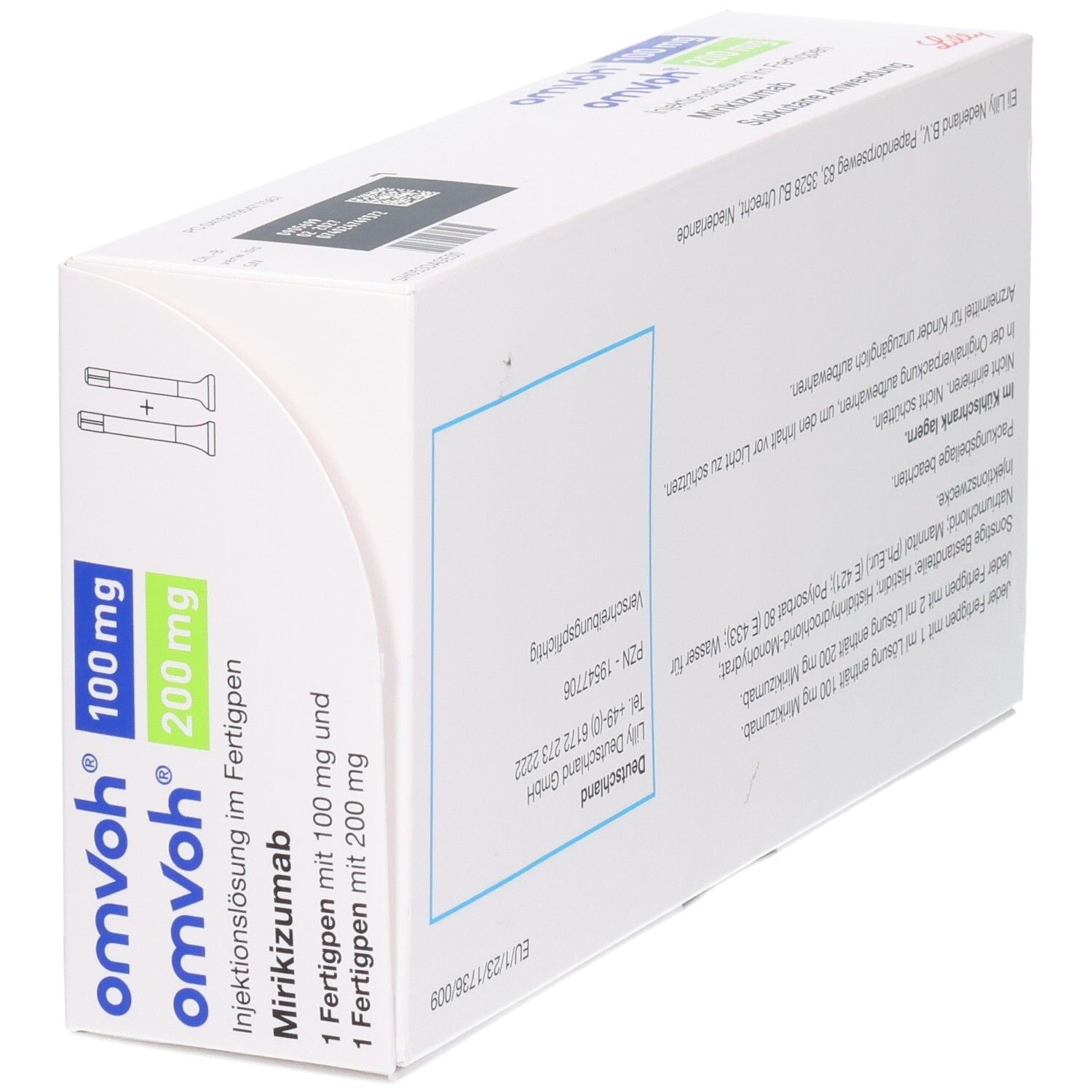 Weiße Verpackung mit blauer und grüner Schrift. Aufschrift: omvoh 100 mg + 200 mg Injektionslösung im Fertigpen, Mirikizumab.