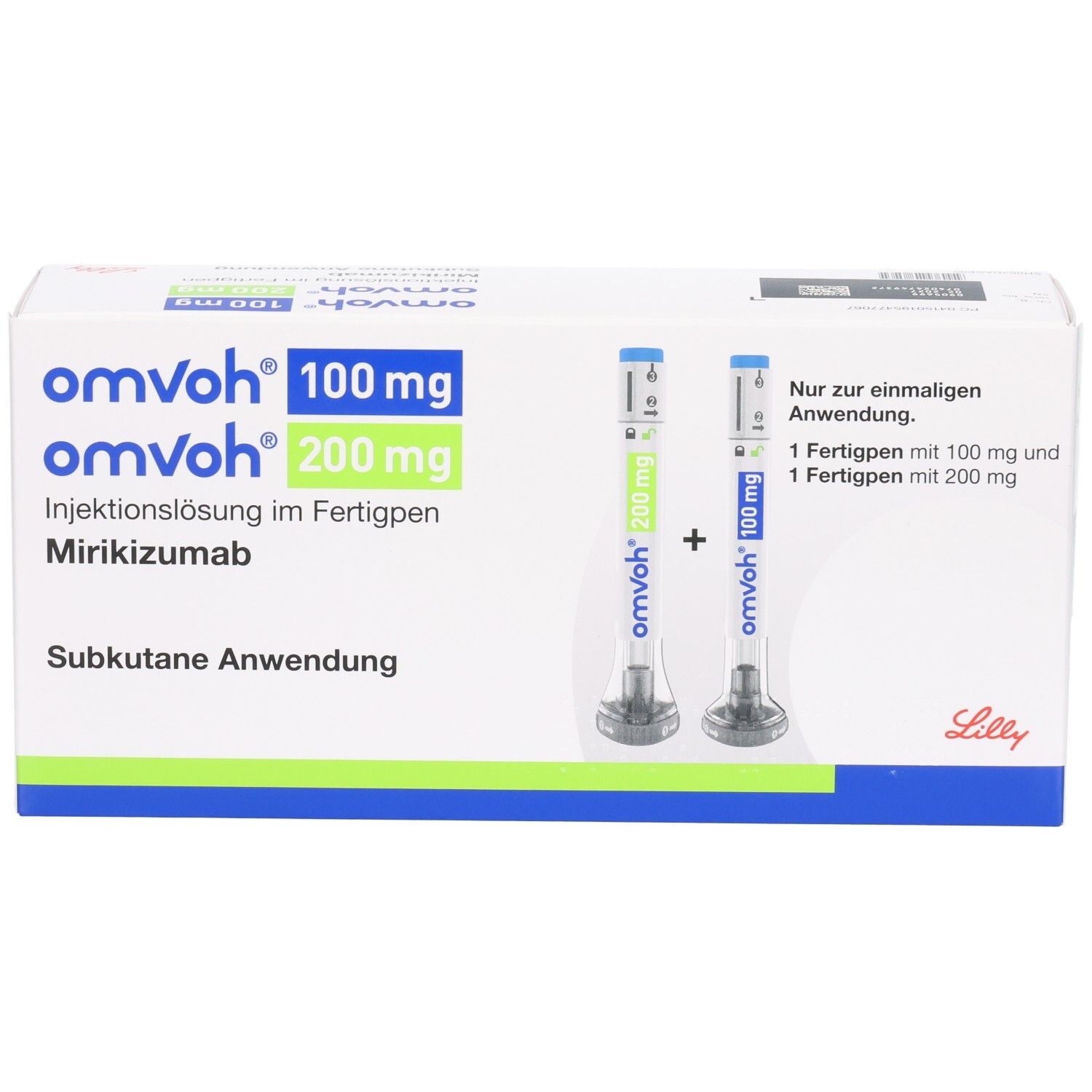 Weiße Verpackung mit blauer und grüner Schrift. Enthält zwei Fertigpens. Aufschrift: omvoh 100 mg + 200 mg Injektionslösung im Fertigpen.