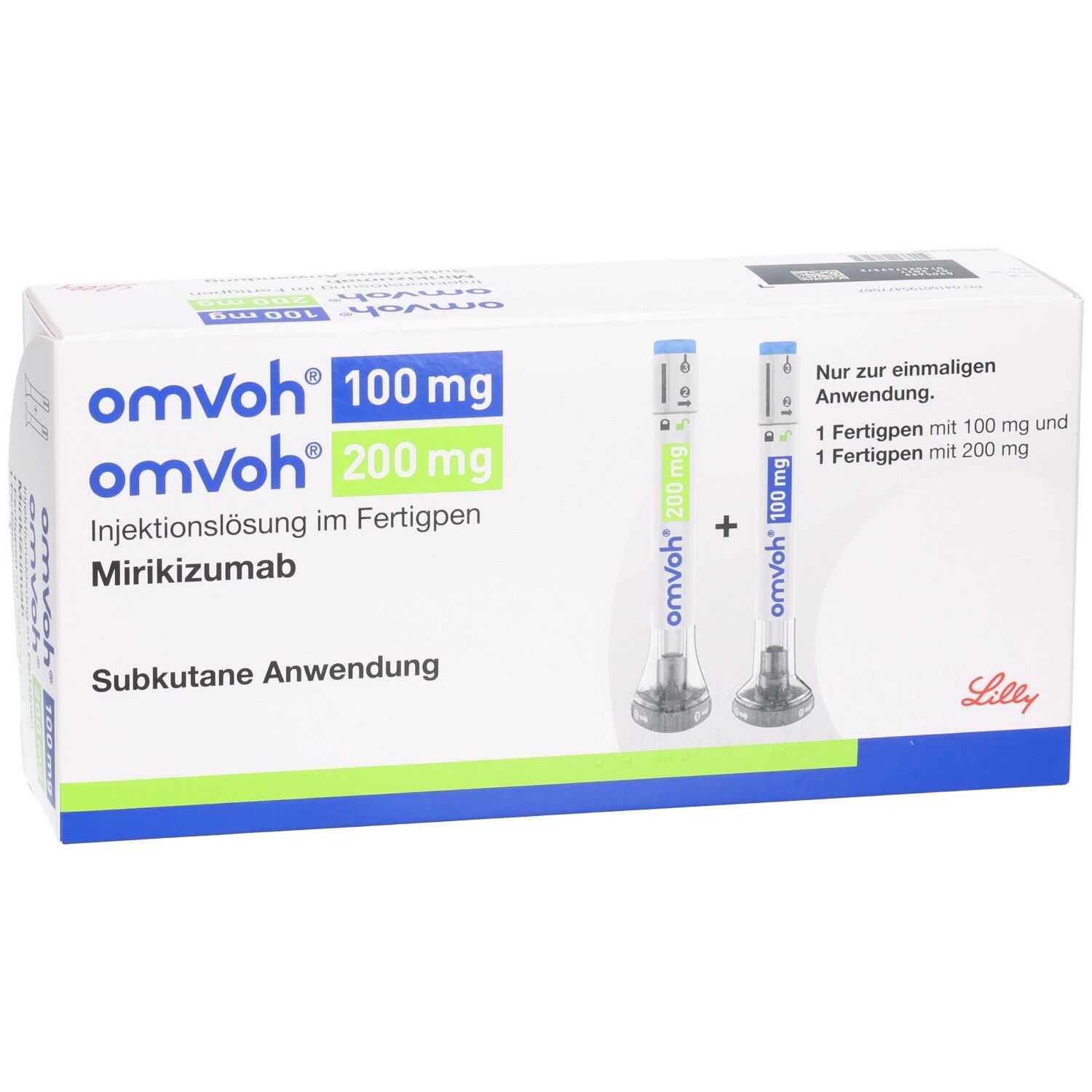 Weiße Verpackung mit blauer und grüner Schrift. Enthält zwei Fertigpens. Aufschrift: omvoh 100 mg + 200 mg Injektionslösung im Fertigpen.