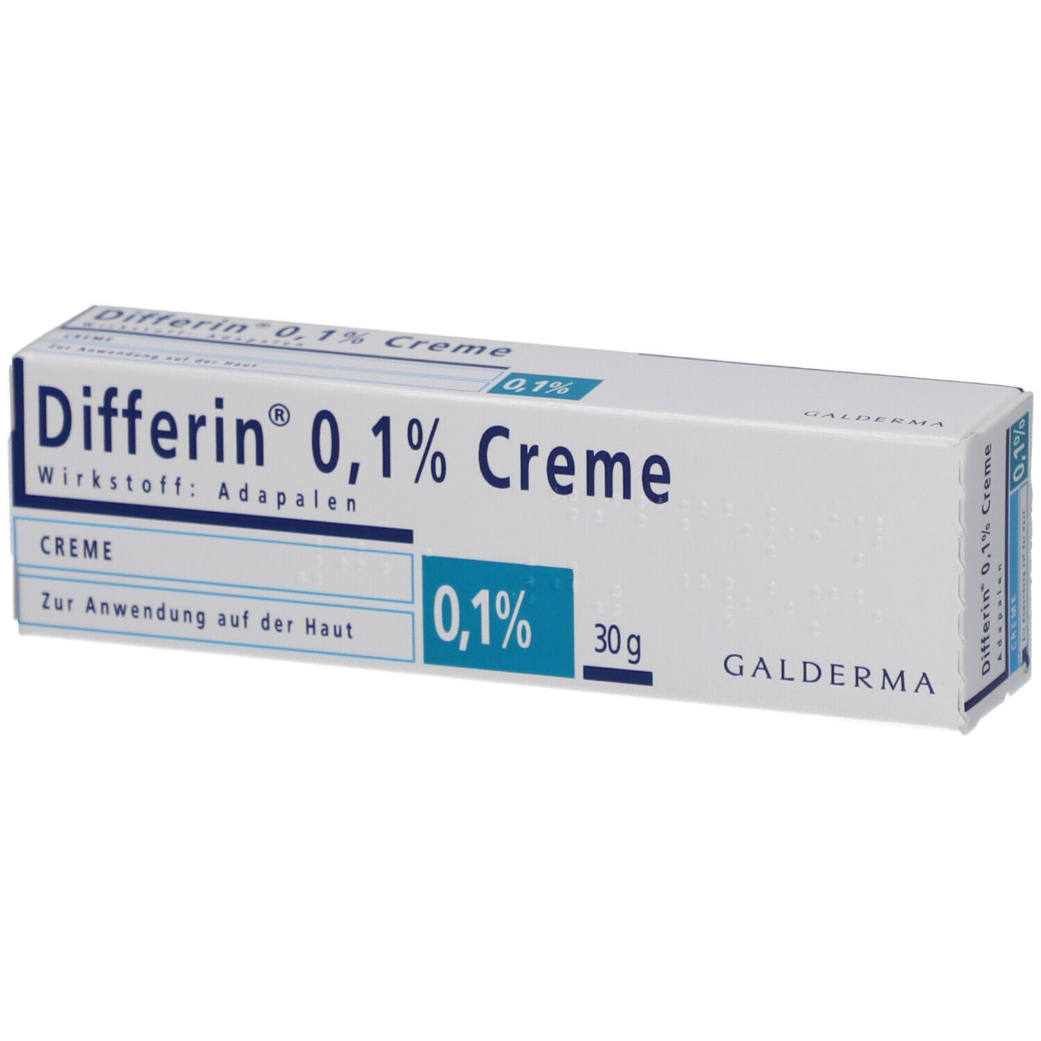 Schachtel mit Differin 0,1% Creme. Blaue und weiße Verpackung mit Produktnamen und Inhaltsstoff. Galderma Logo.