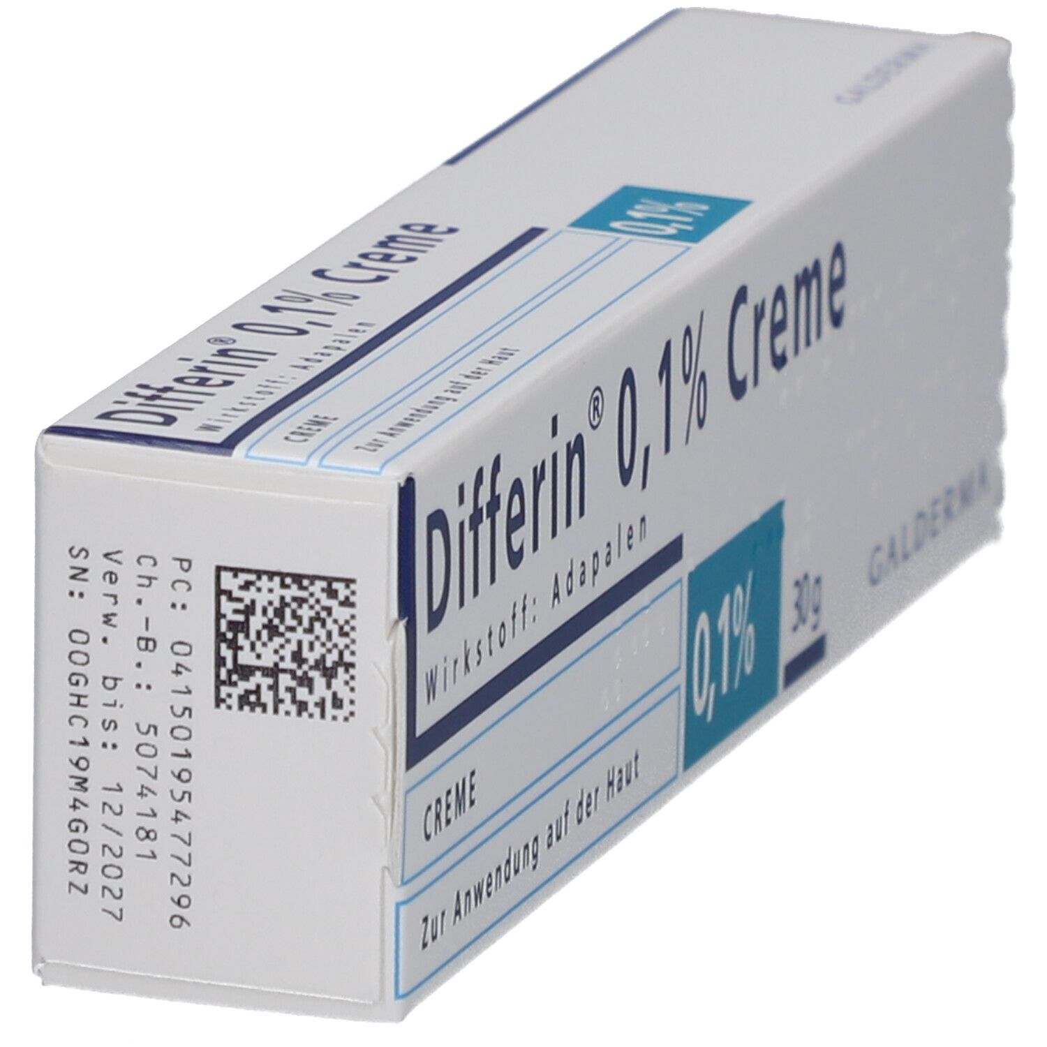 Schachtel von Differin 0,1% Creme. Seitenansicht mit Produktnamen, Inhaltsstoff und Chargennummer. Galderma Logo.