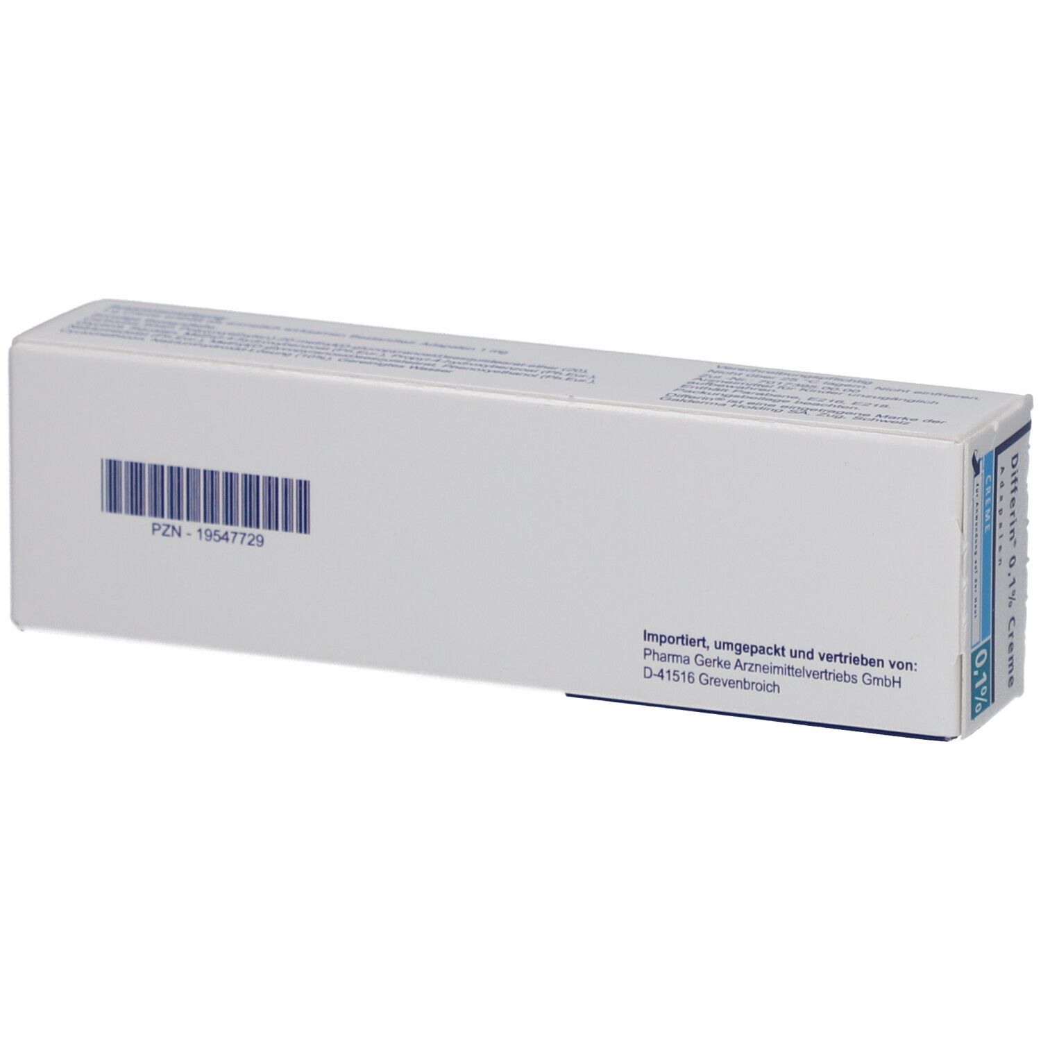 Rückseite der Schachtel von Differin 0,1% Creme. Barcode und Text. Importeur und Vertrieb.