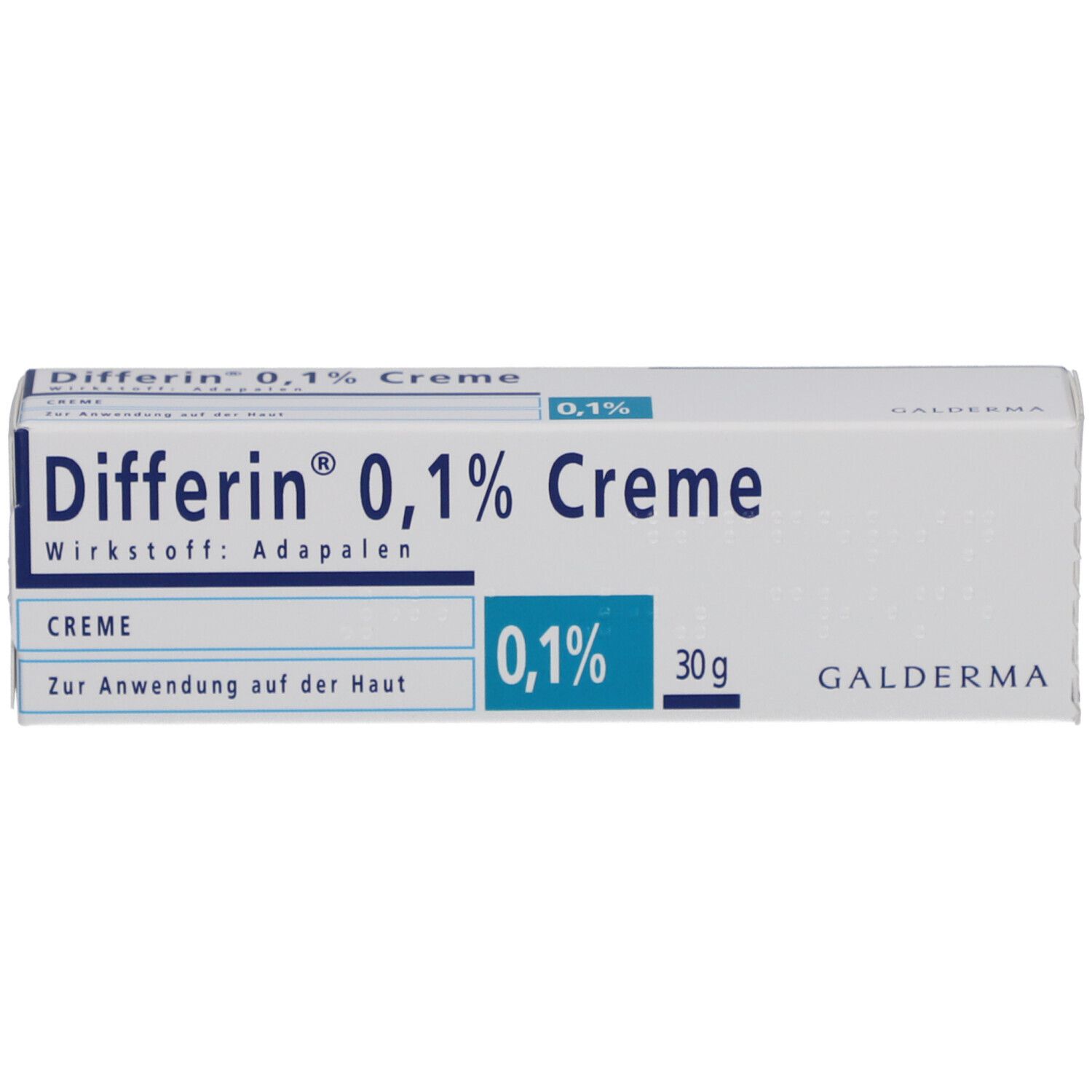 Schachtel mit Differin 0,1% Creme. Blaue und weiße Verpackung mit Produktnamen und Inhaltsstoff. Galderma Logo.