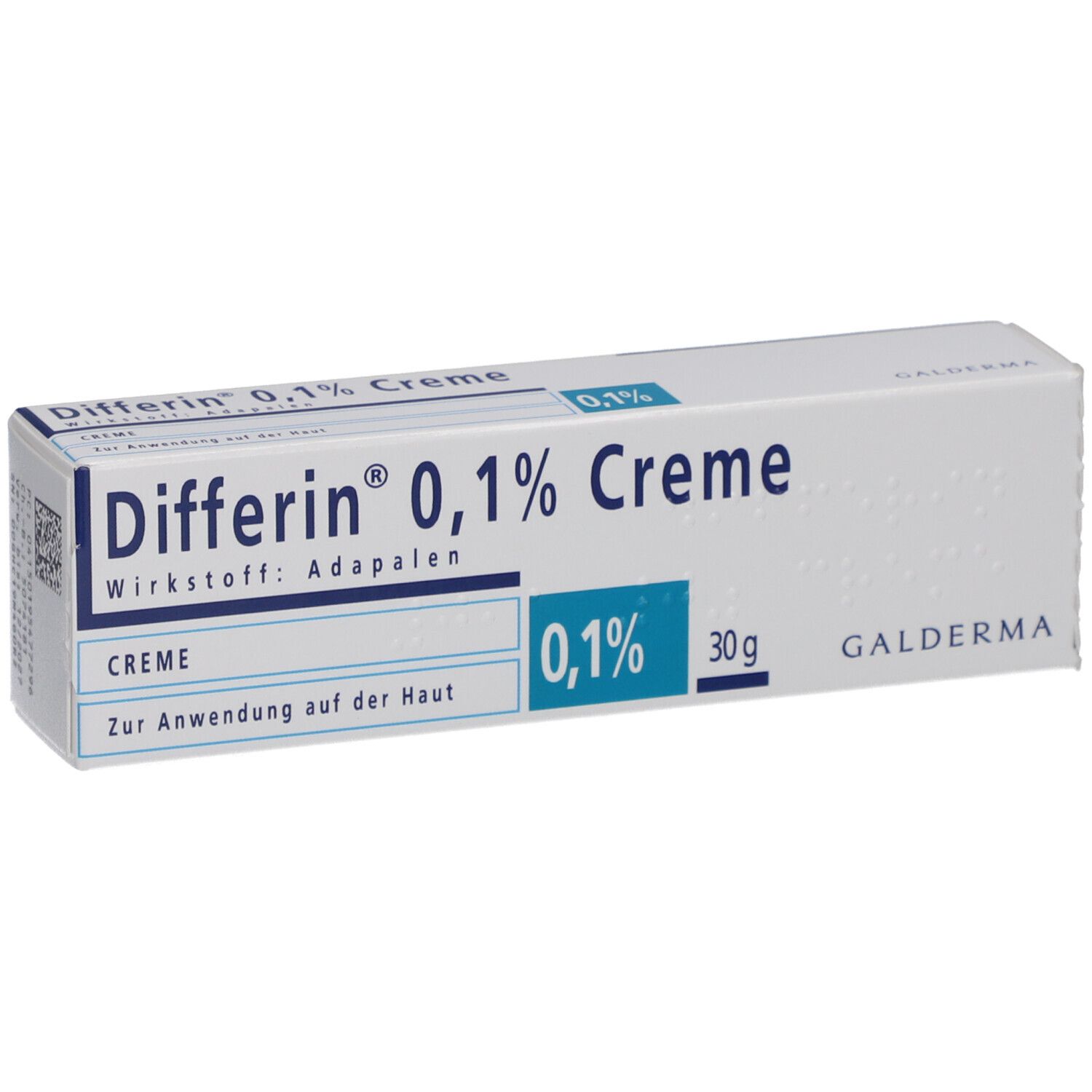 Schachtel mit Differin 0,1% Creme. Blaue und weiße Verpackung mit Produktnamen und Inhaltsstoff. Galderma Logo.