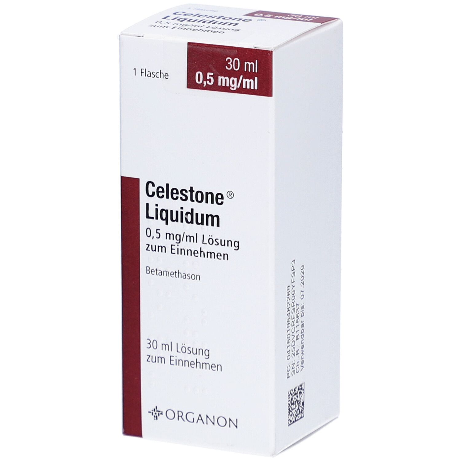 Verpackung von CELESTONE Liquidum. Aufschrift: 0,5 mg/ml Lösung z. Einnehmen. 30 ml. Marke: Organon.