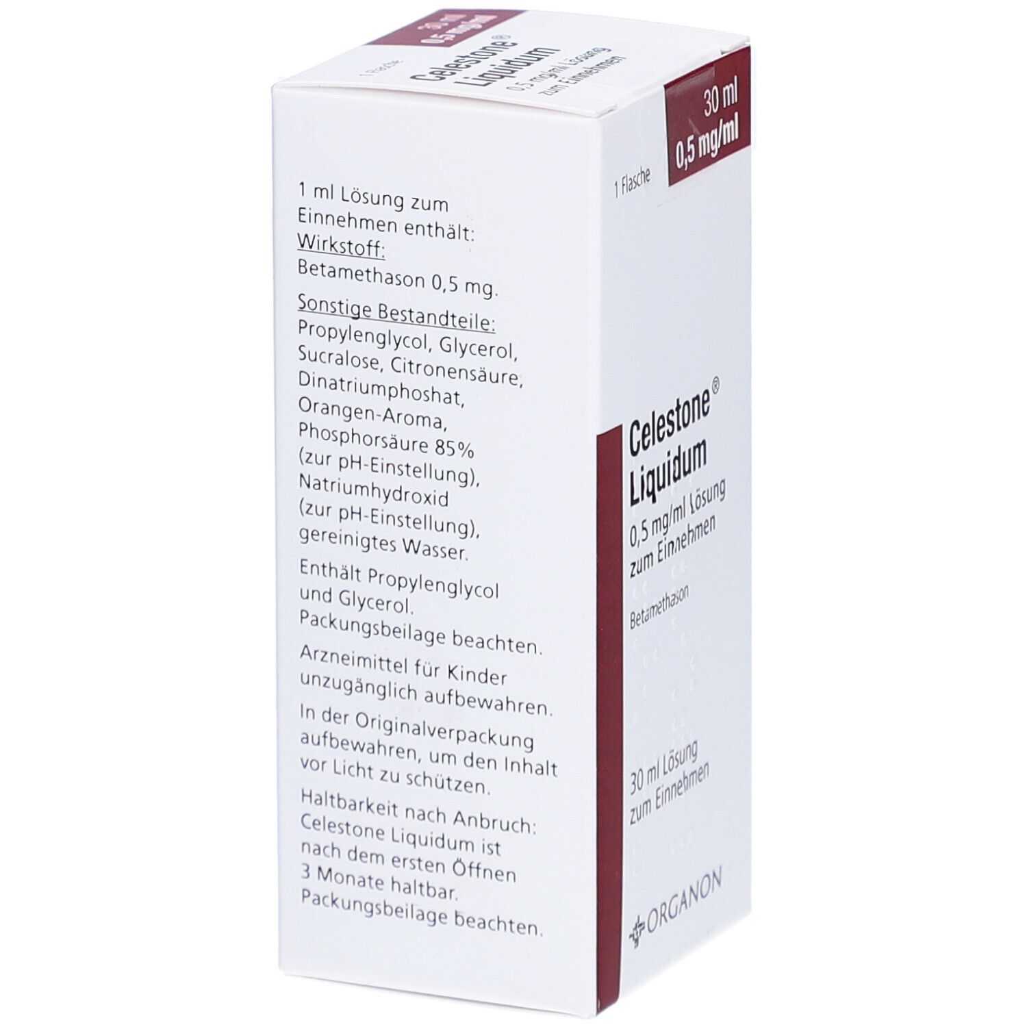 Verpackung von CELESTONE Liquidum. Aufschrift: 0,5 mg/ml Lösung z. Einnehmen. Inhaltsstoffe. Marke: Organon.